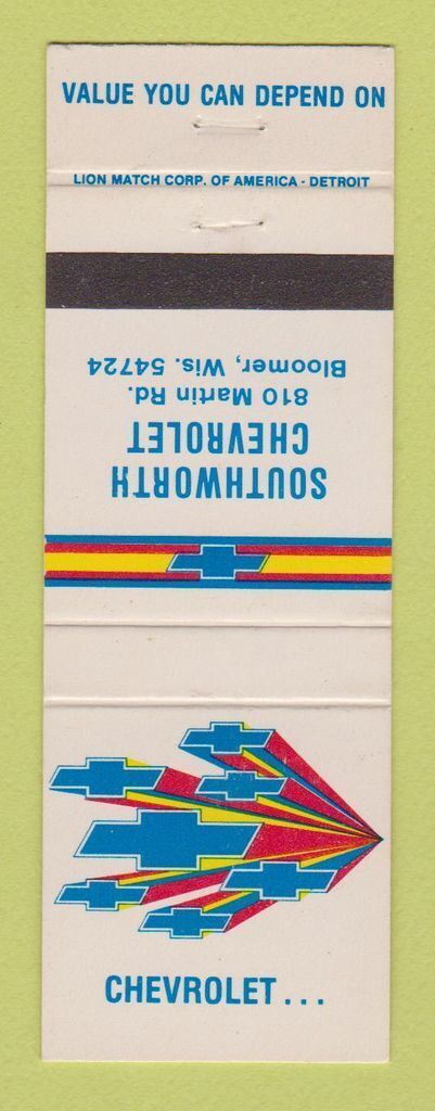 Matchbook Cover - Chevrolet Southworth Bloomer WI