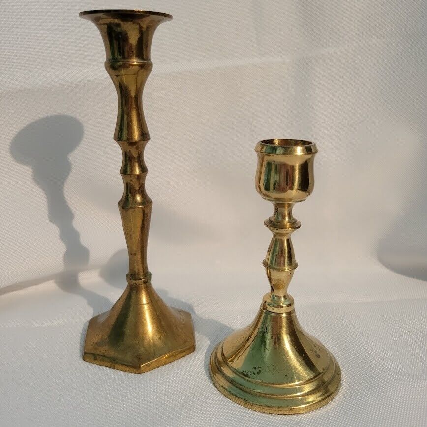 Lot of 2 Vintage Brass Patina & Shiny Mismatched Eclectic Pair  Candle Holders