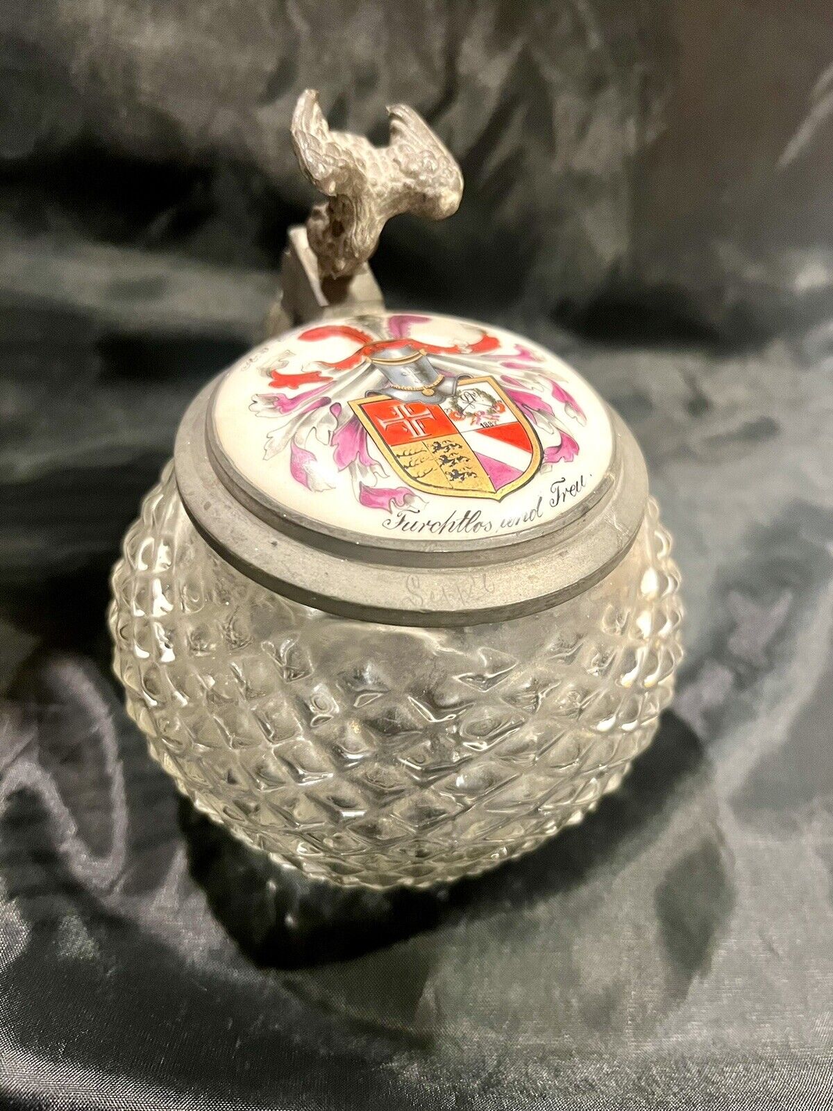 Vintage German hobnail glass stein, pewter lid & eagle finial. Student Society
