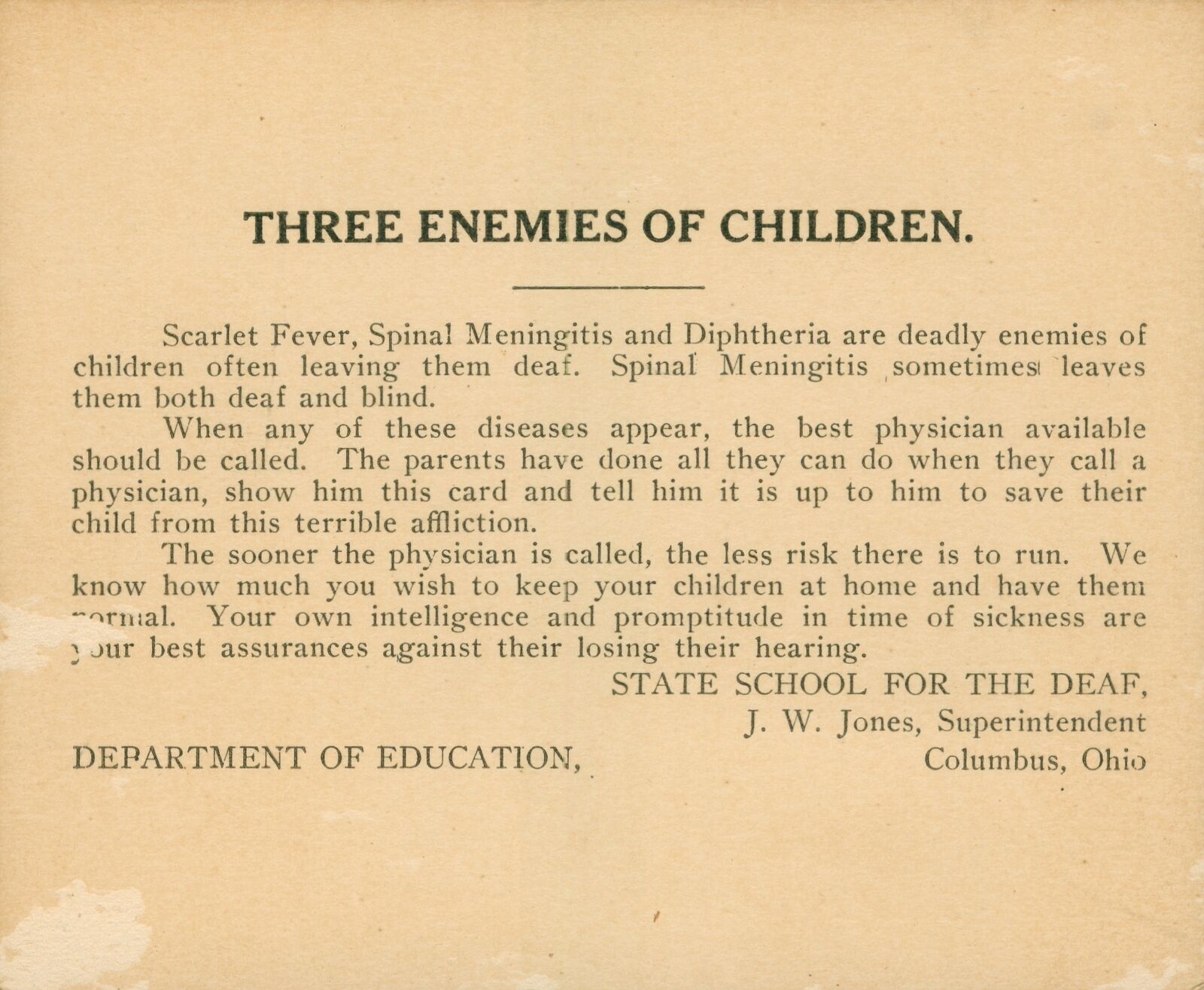 c1925 Ohio State School For The Deaf Education Card Three Enemies Of Children 