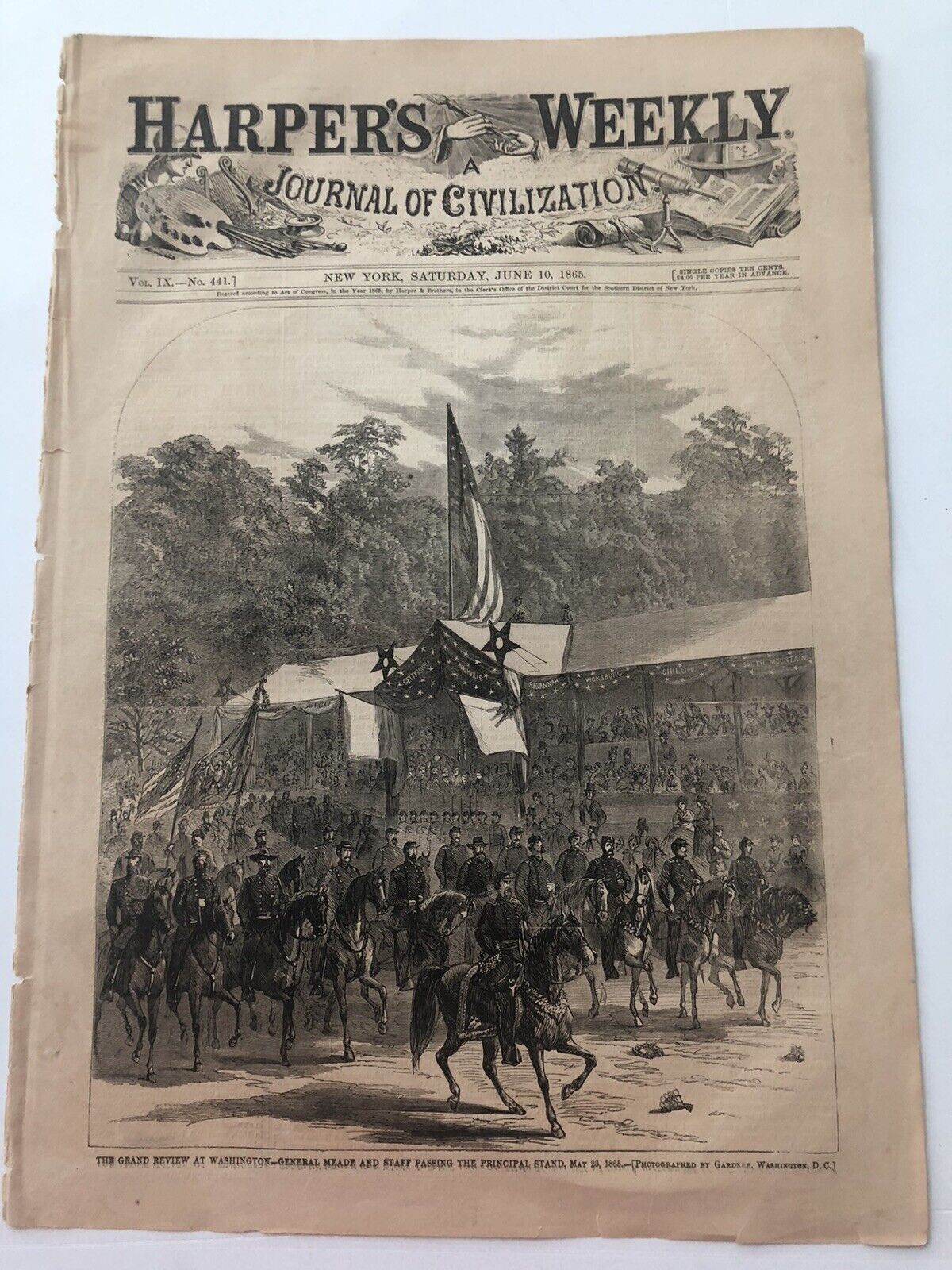 1865 Harpers Antique Print General Meade in The Army Grand Review Parade #9321