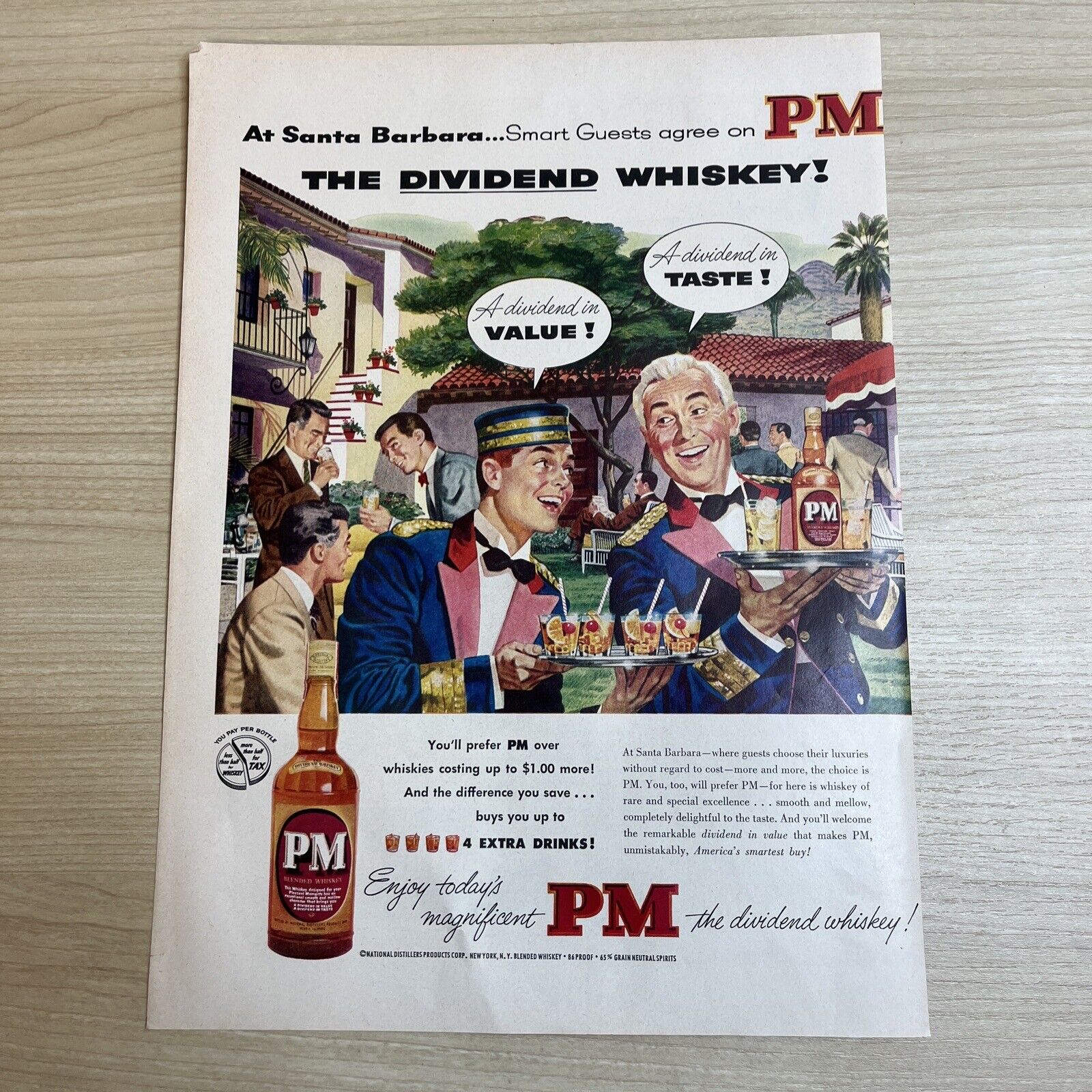PM Blended Whiskey Santa Barbara 1953 Vintage Print Ad Life Magazine