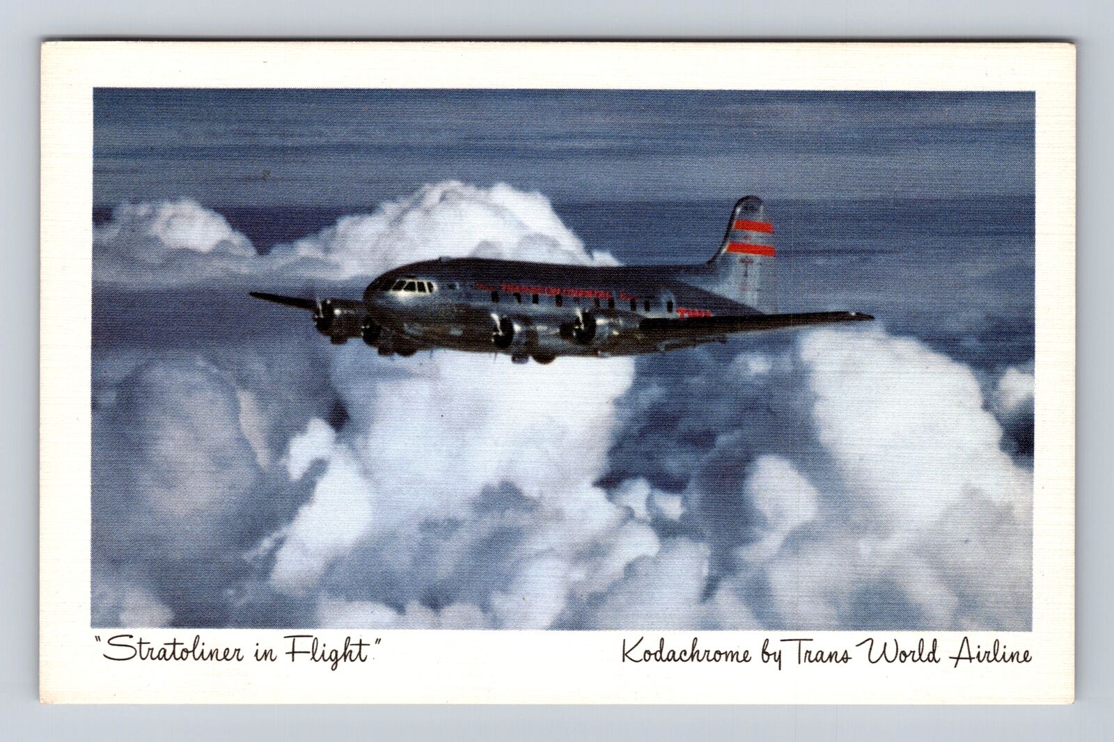 Airplane - TWA Boeing Stratoliner In Flight, Antique Vintage Souvenir Postcard