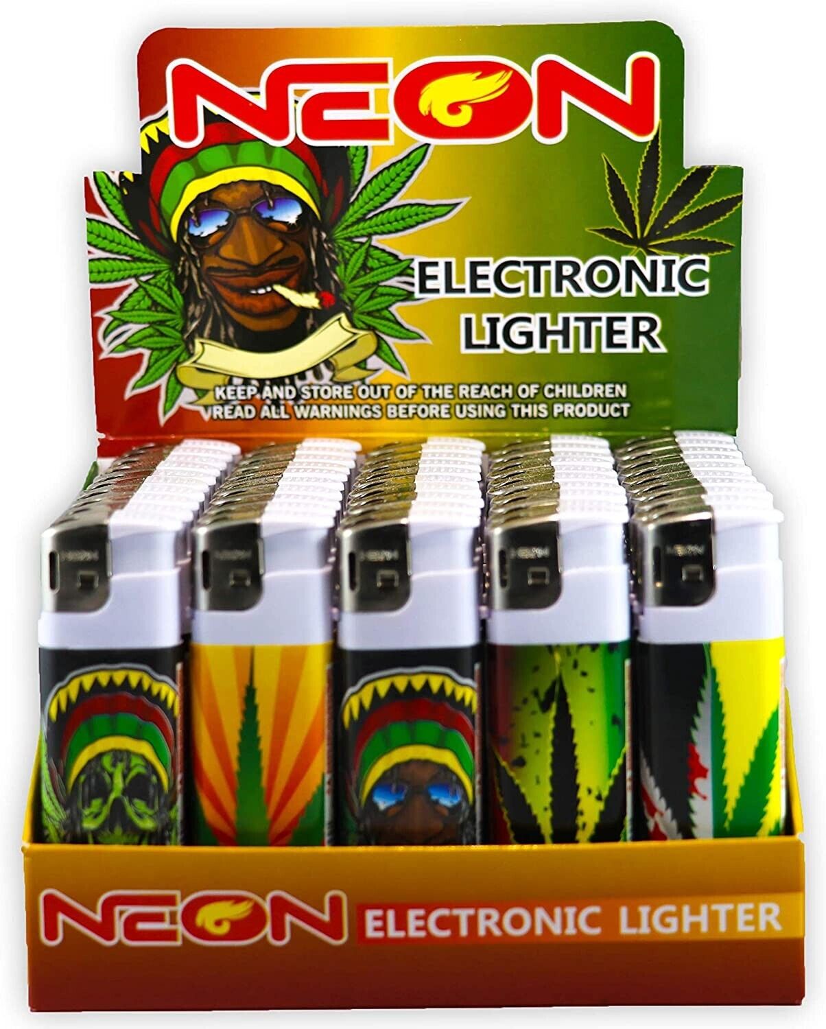 Rasta Neon Electronic Disposable Lighters, Wholesale Pack of 50- Assorted Colors
