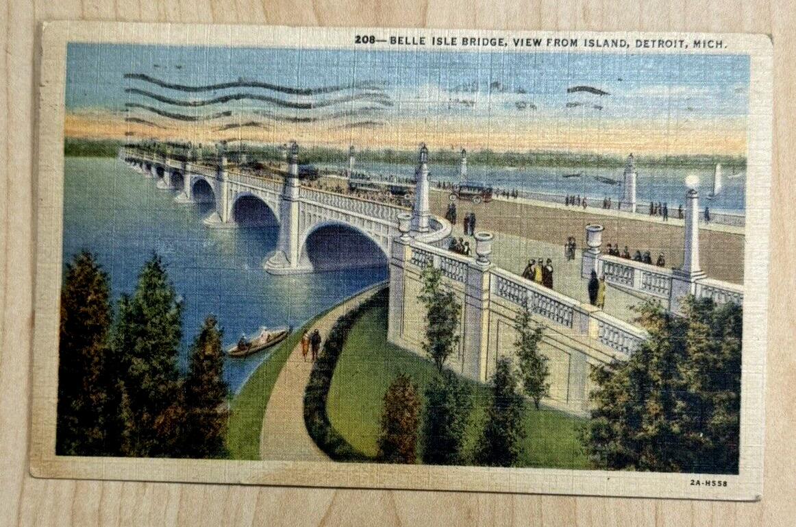 Detroit, Michigan MI Vintage Linen Postcard Belle Isle Bridge, View from Island