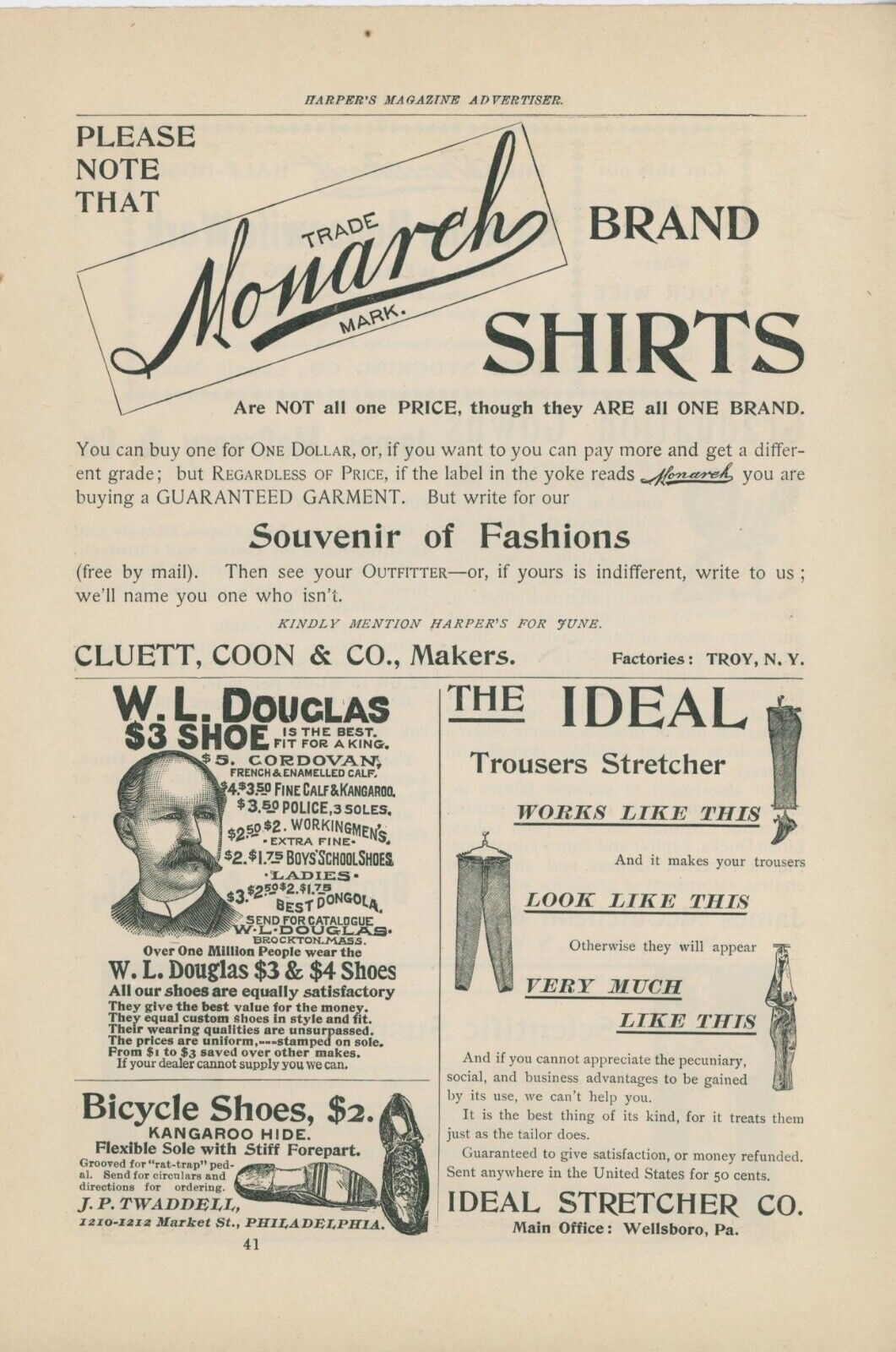 1895 Monarch Shirts Vintage Clothing Ad Cluett Coon & Co Troy New York Fashion
