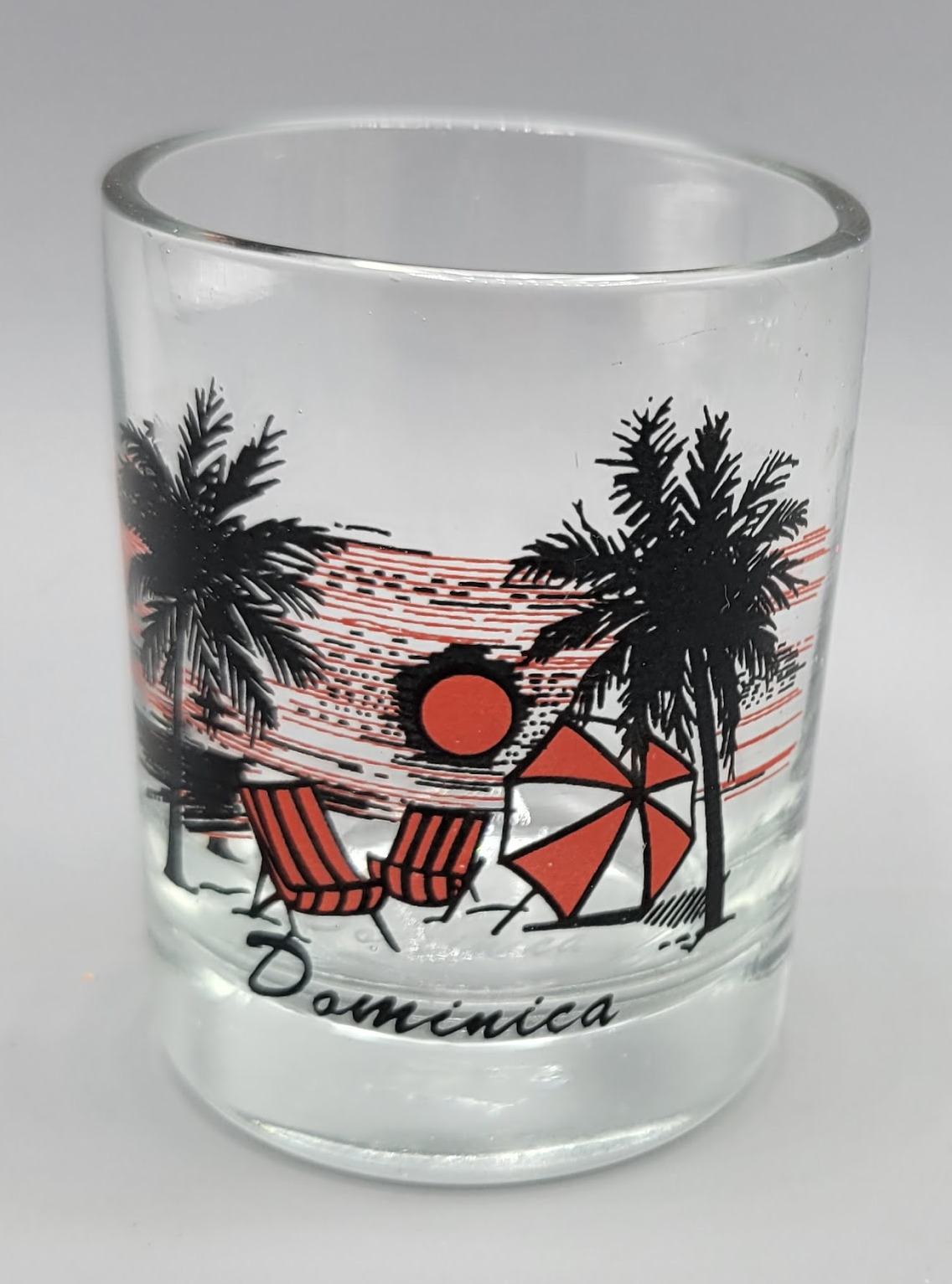 Vintage Dominica Souvenir Shot Glass Palm Trees Sunset Beach Chairs Design