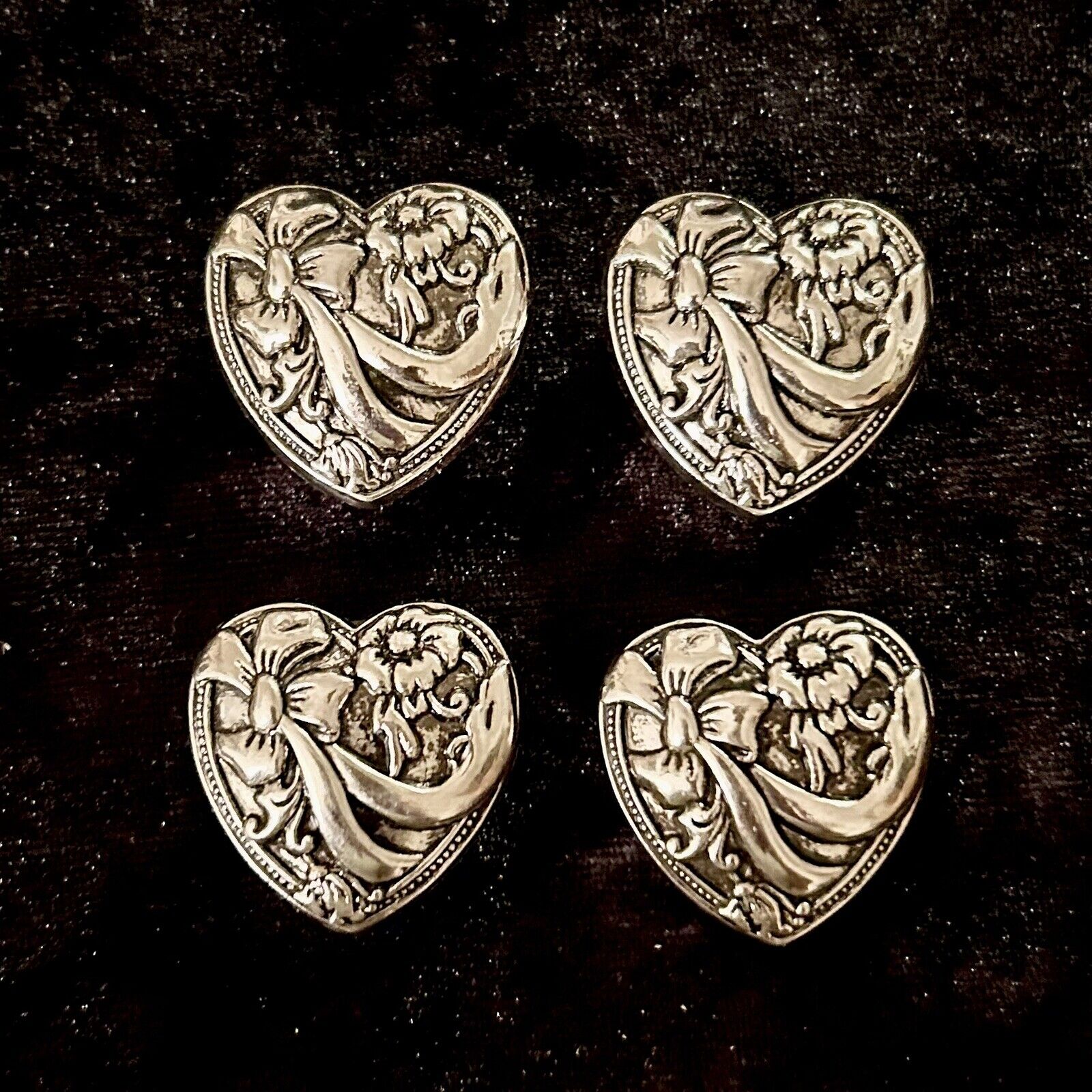 4 Vintage Button Covers Heart Shaped Floral Pattern Flower Ribbon Bow Silvertone