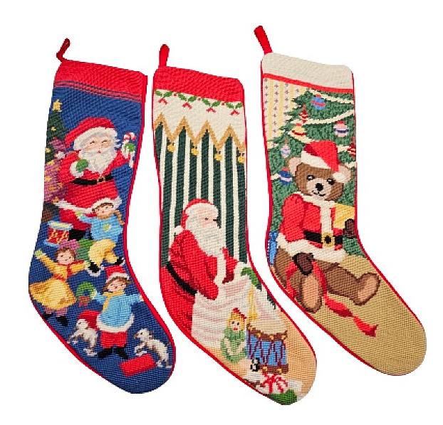 Vintage Needlepoint Stockings Wool And Velvet Lot Of 3 - Santa Bear Christmas