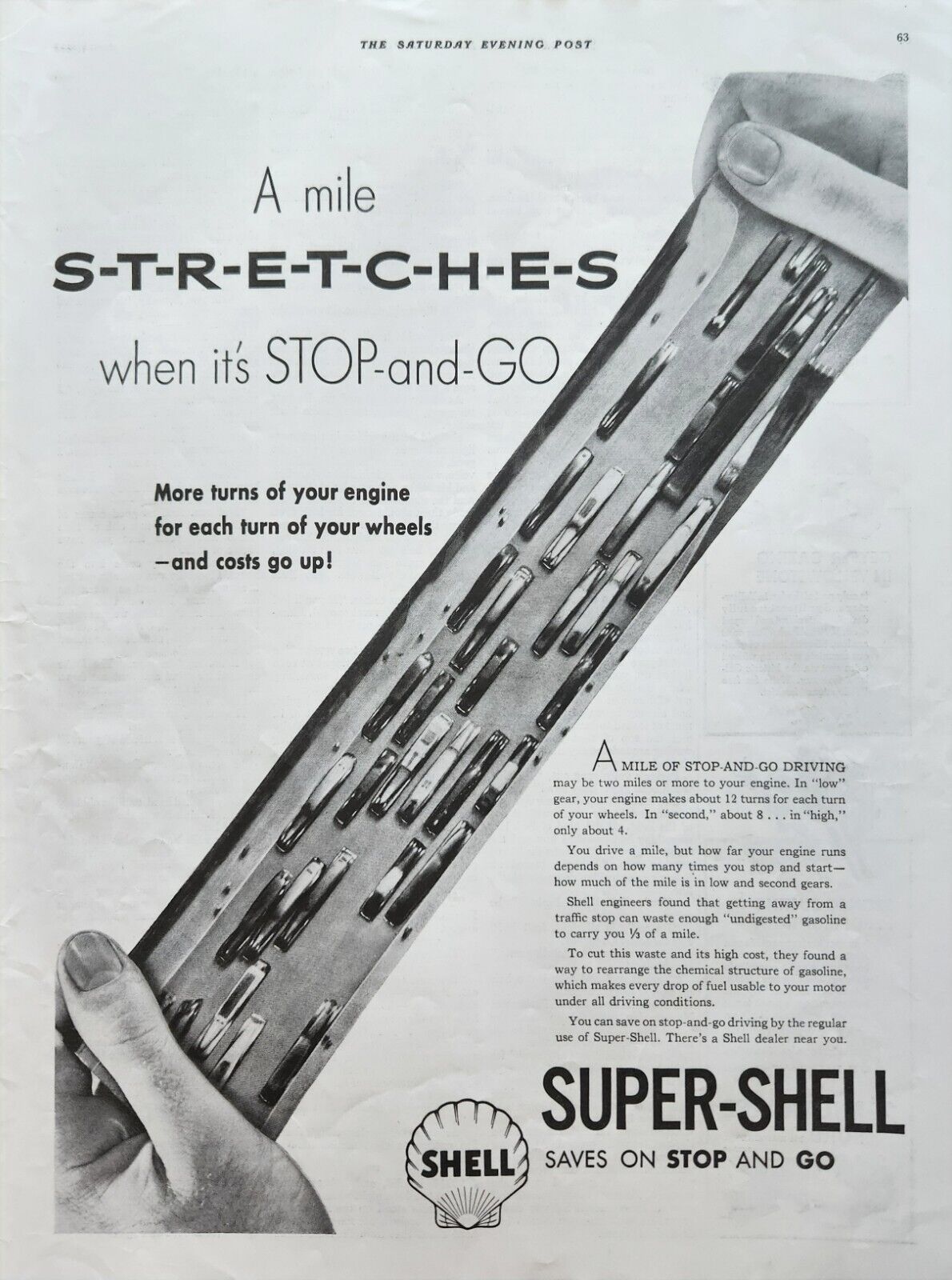 1938 Shell gas dealer Vintage Ad a mile stretches when its stop and go