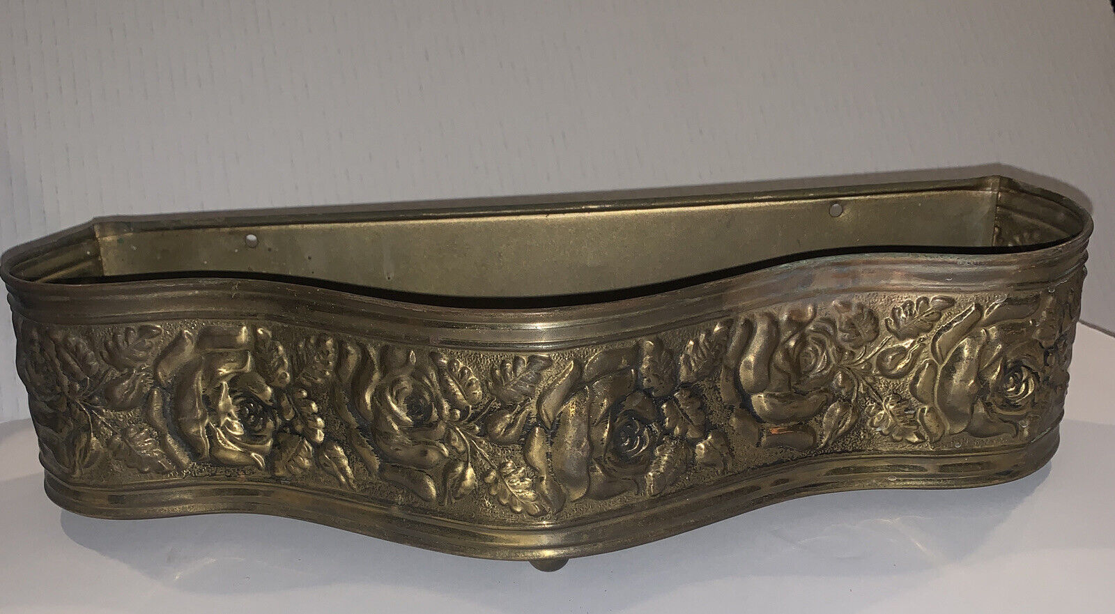 Antique  Brass Embossed Floral Planter Tray Bowl Footed England Ornate