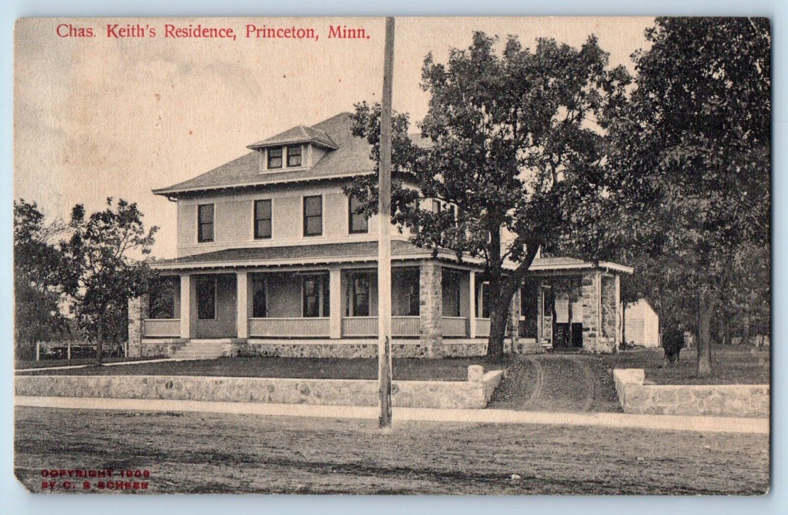 Princeton Minnesota Postcard Chas Keith Residence Building Exterior Trees 1914