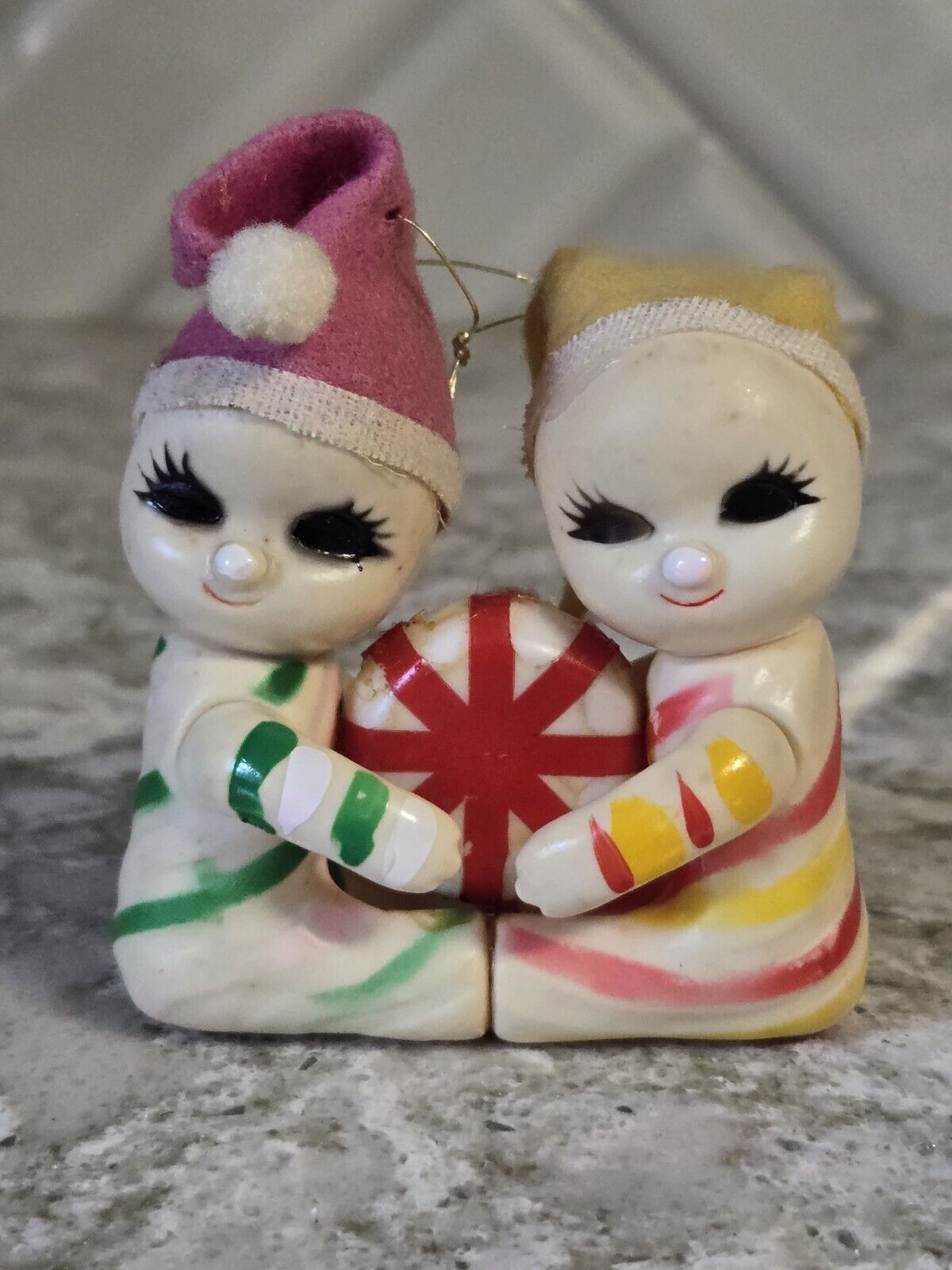 RARE Vintage Christmas Rubber Candy Striped Snow Babies Holding Peppermint 