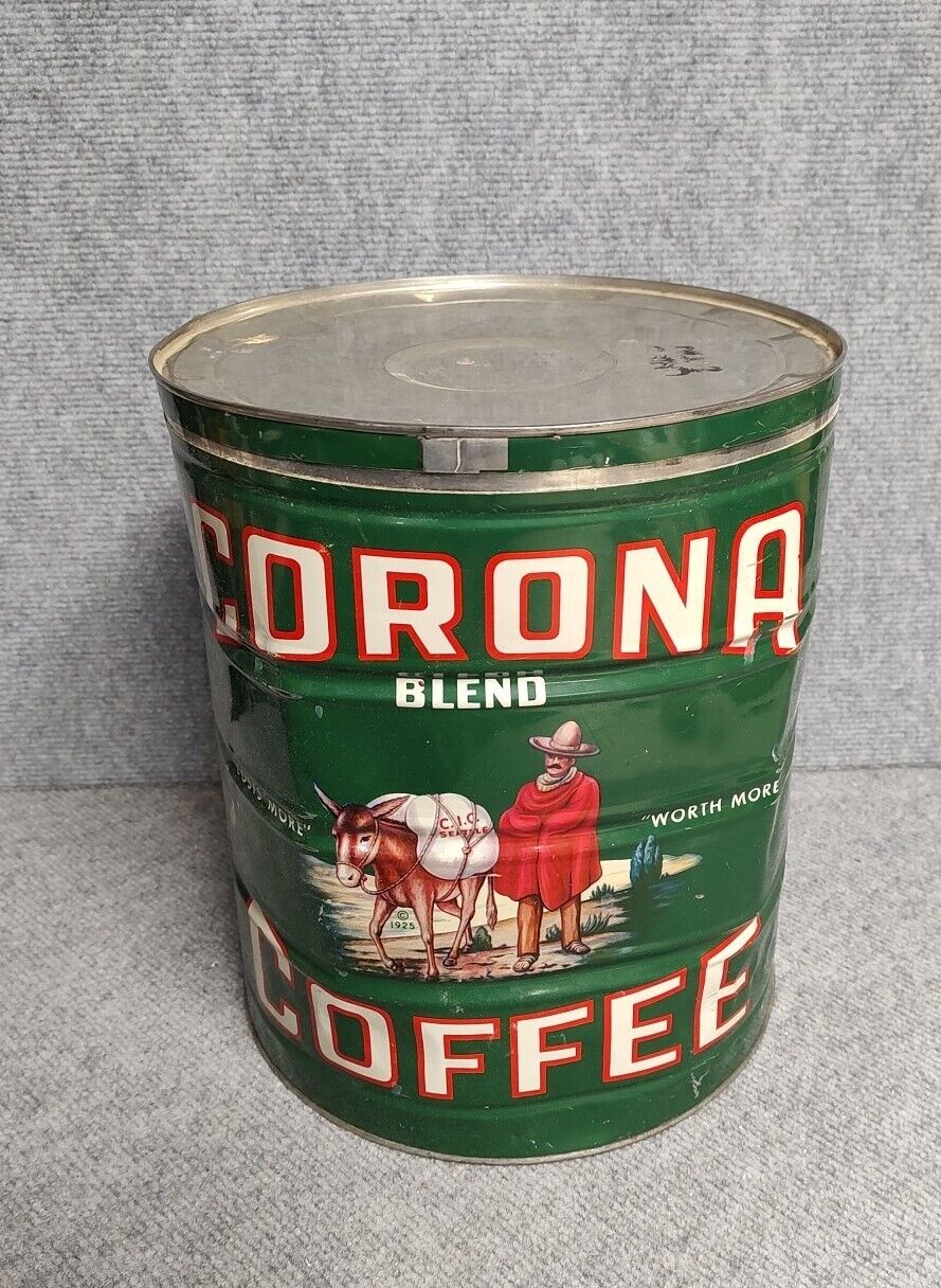 1920s-40s Corona Coffee 15 Lb. Original Tin w/ Lid Great Graphics Seattle WA 