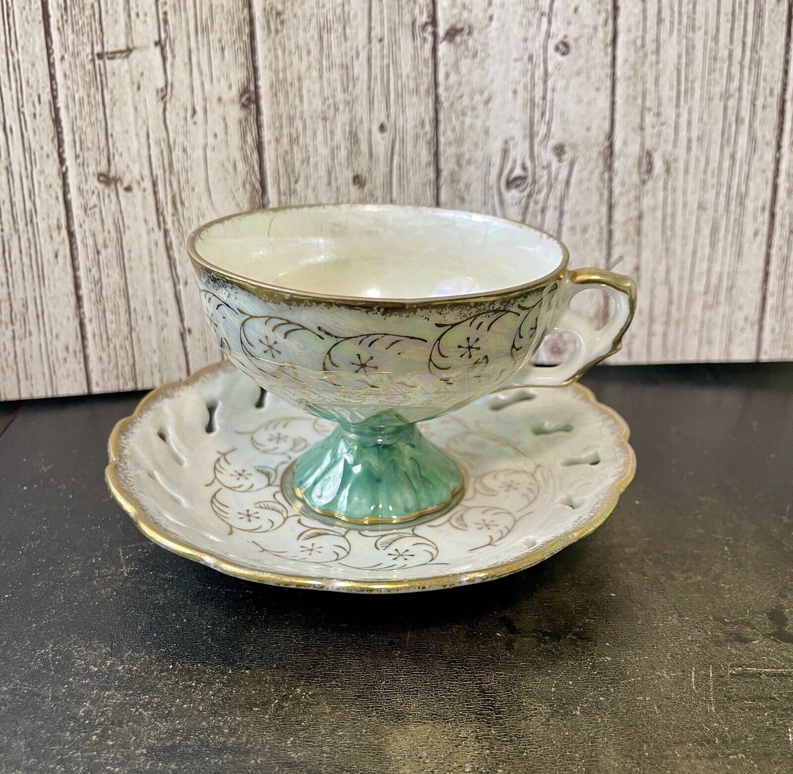 ENESCO vintage 1960’s Lusterware Footed Cup Reticulated Saucer Light Green