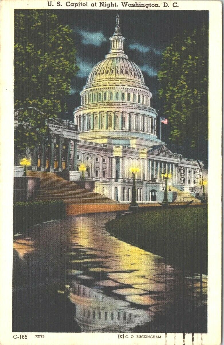 Postcard U.S. Capitol At Night Washington D.C.