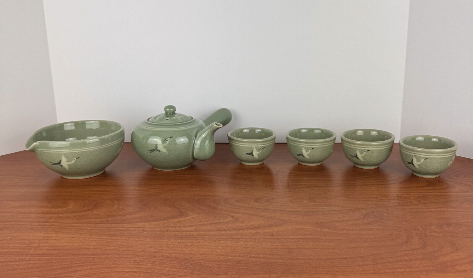 Vintage Korean Crackle Glaze Celadon Tea Pot Set with Crane and Clouds Pattern