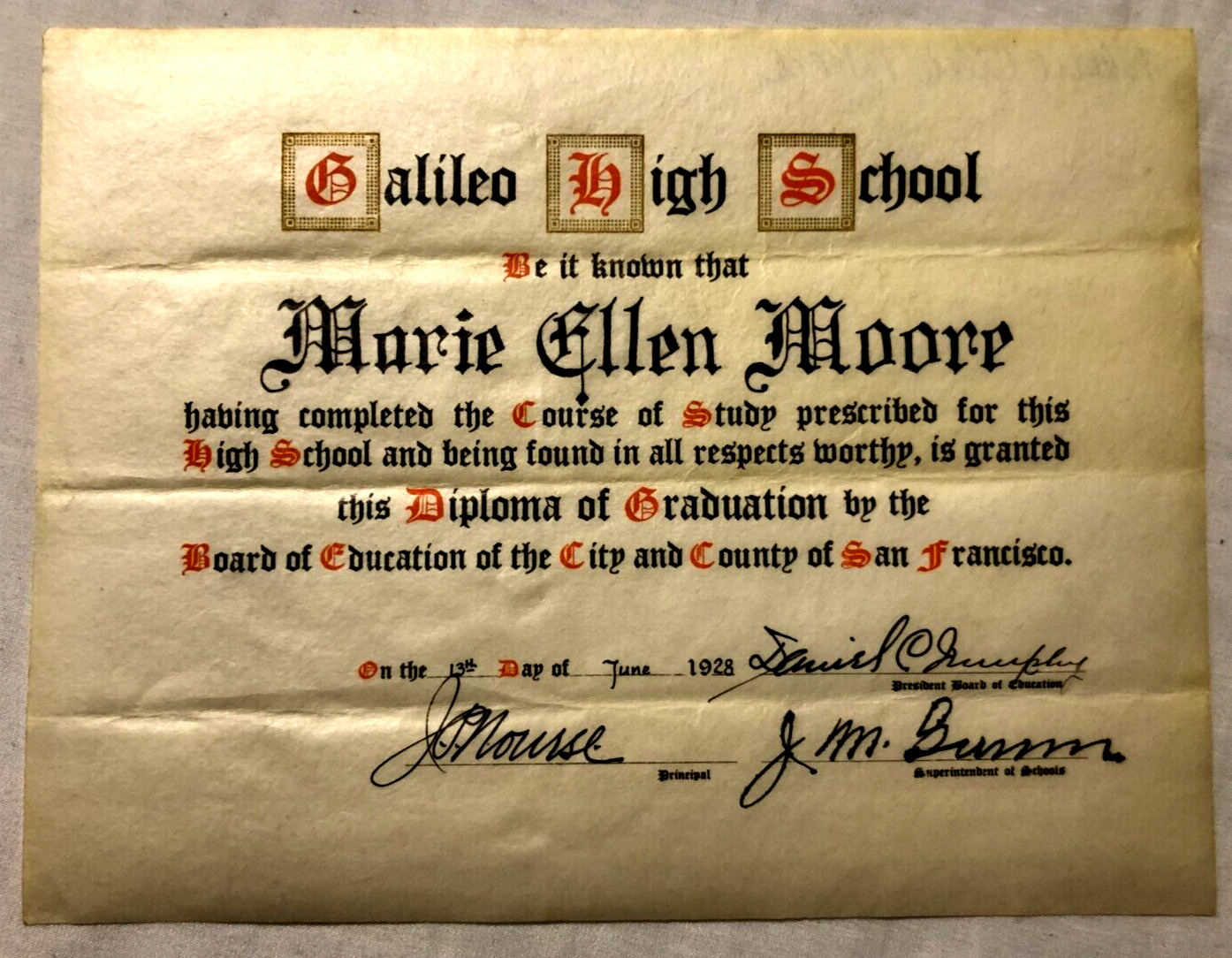 Vintage 1928 Galileo High School Diploma - San Francisco CA