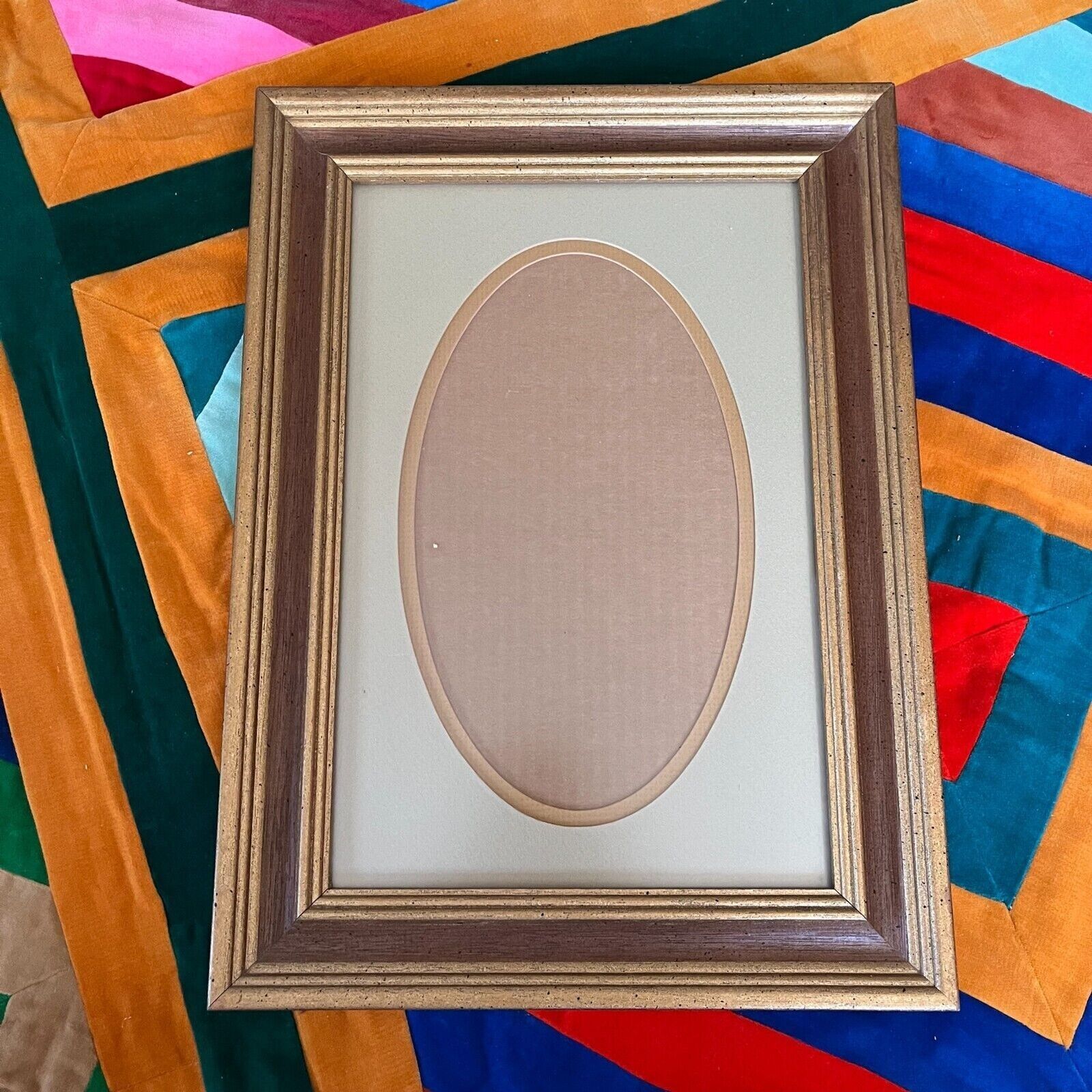 Vintage 60s 70s Gold and Brown Oval Matted Picture Frame Speckled Wood MCM 11x15