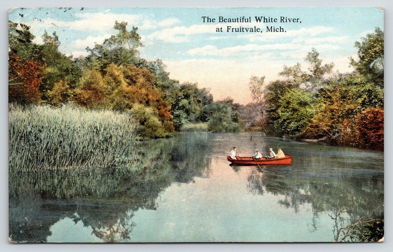 Fruitvale Michigan~Red Rowboating on White River~Trees Reflect~c1910 Postcard