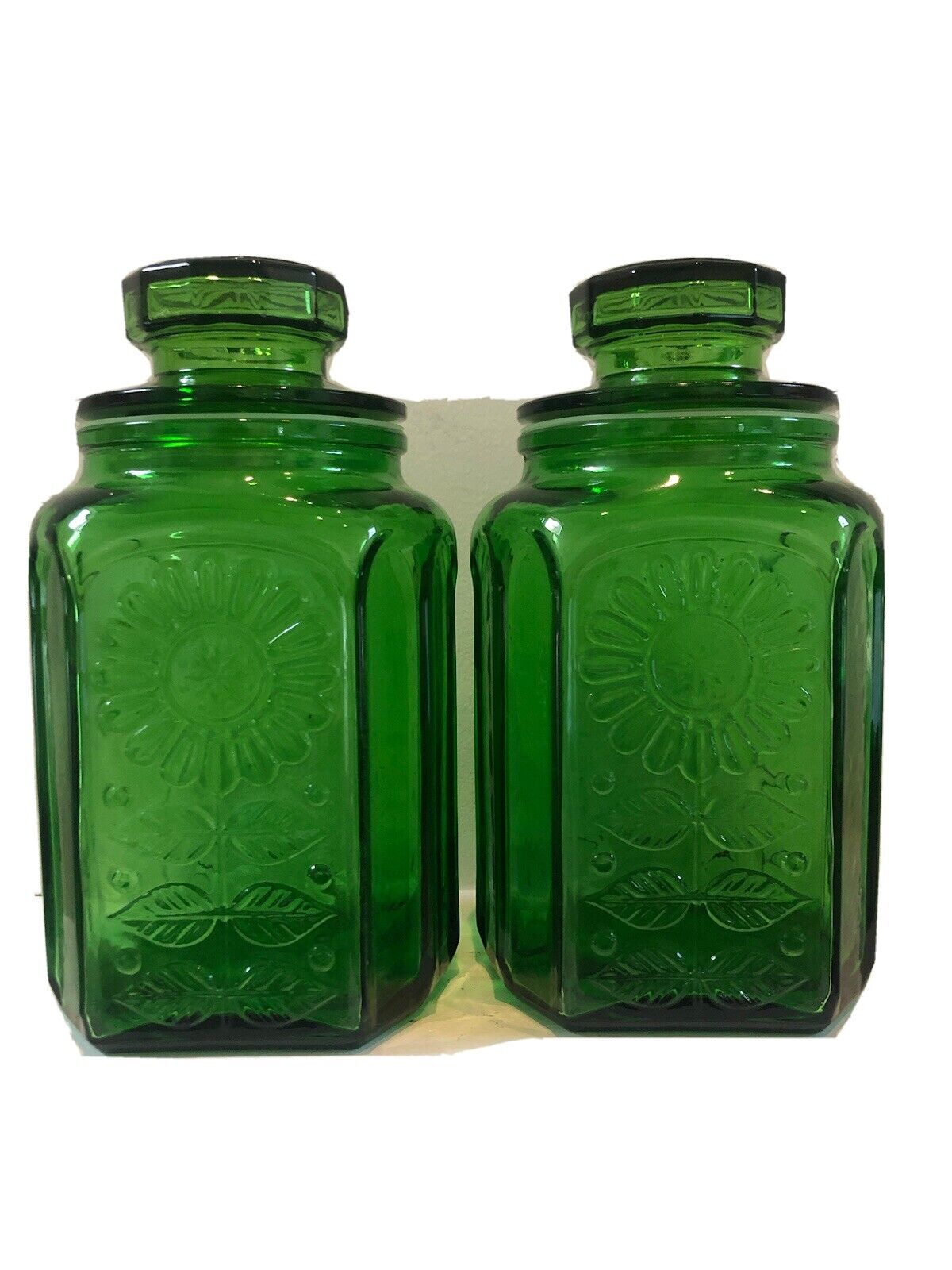 Pair of 9.5” Vintage NJ Wheaton Green Double Sided Apothecary Jars & Lids