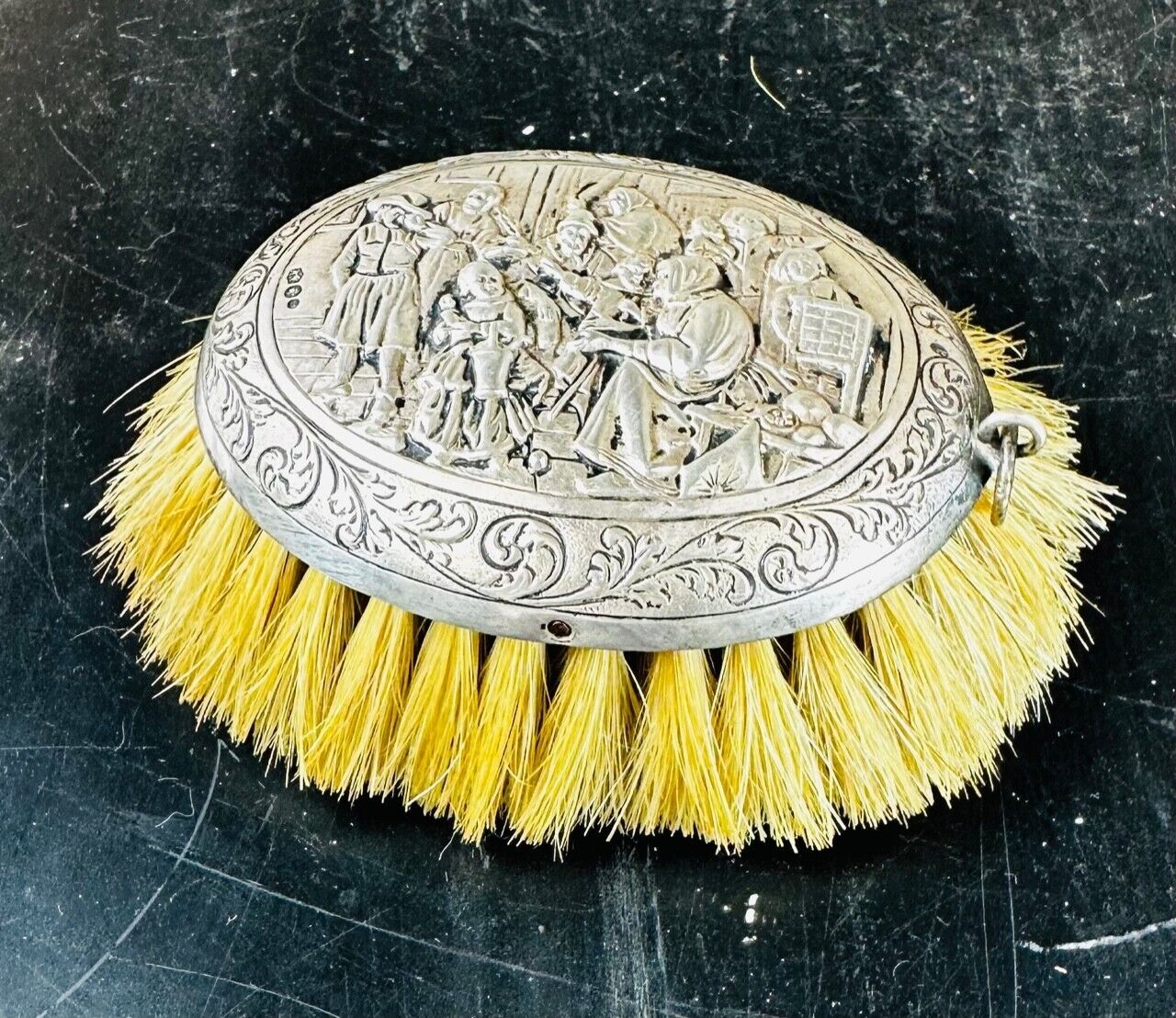 antique elaborate Danish Denmark silver-plate wood figural hair clothing brush
