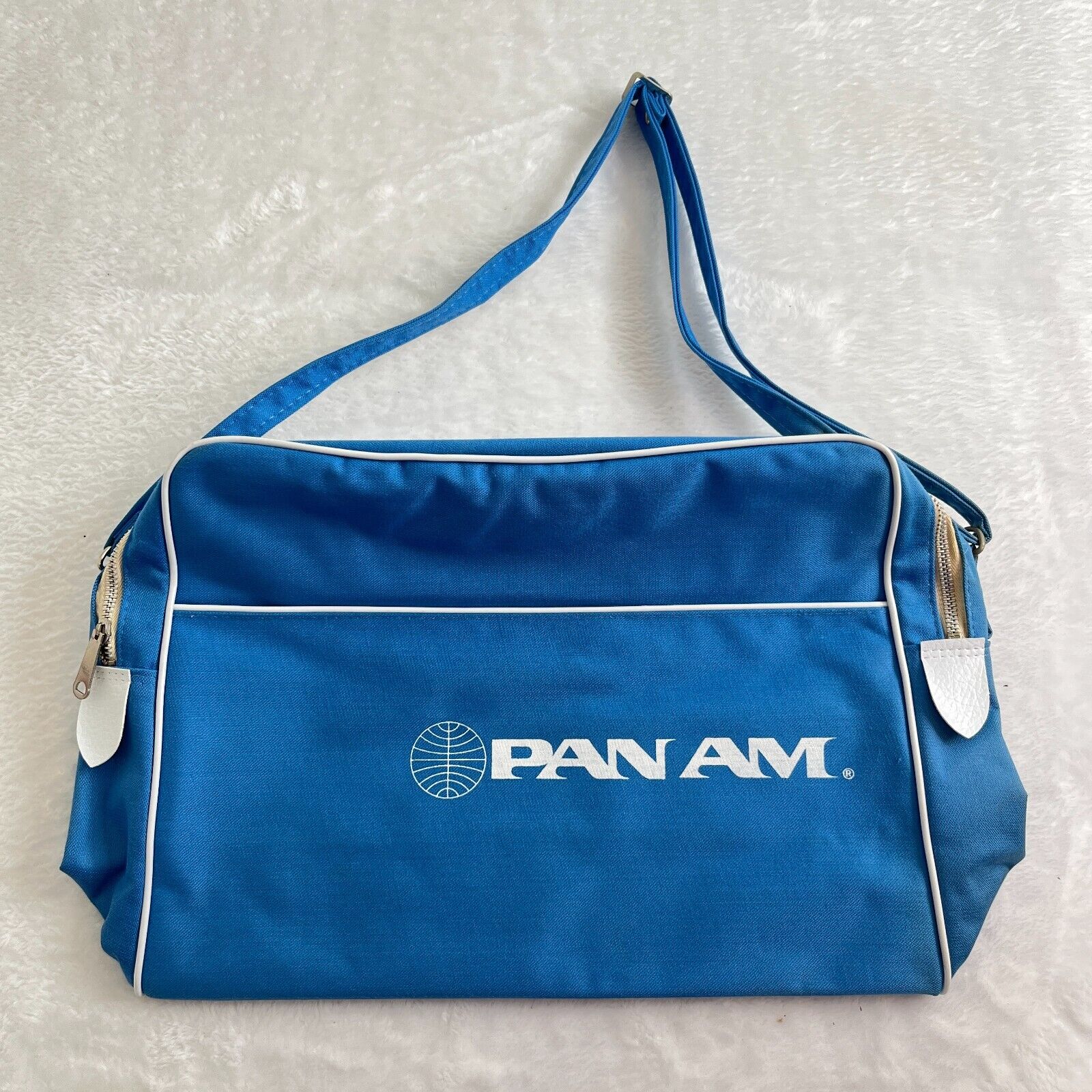 VTG 70s Pan Am Airlines Bag Blue Canvas Carry-On Messenger American World Airway