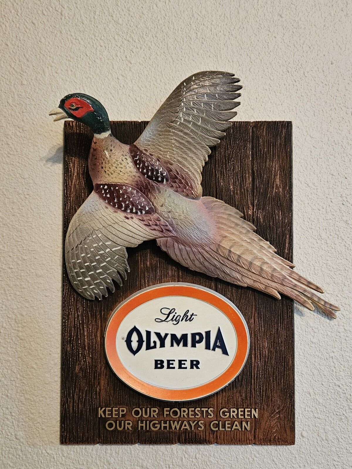 Vintage 1962 Olympia Light Beer Pheasant Wildlife Wall Bar Sign Plaque. Rare 