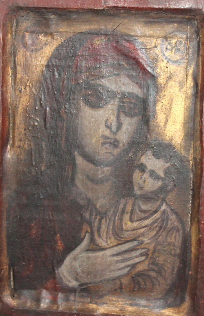 Vintage Virgin Mary and Christ hand made oil painting icon