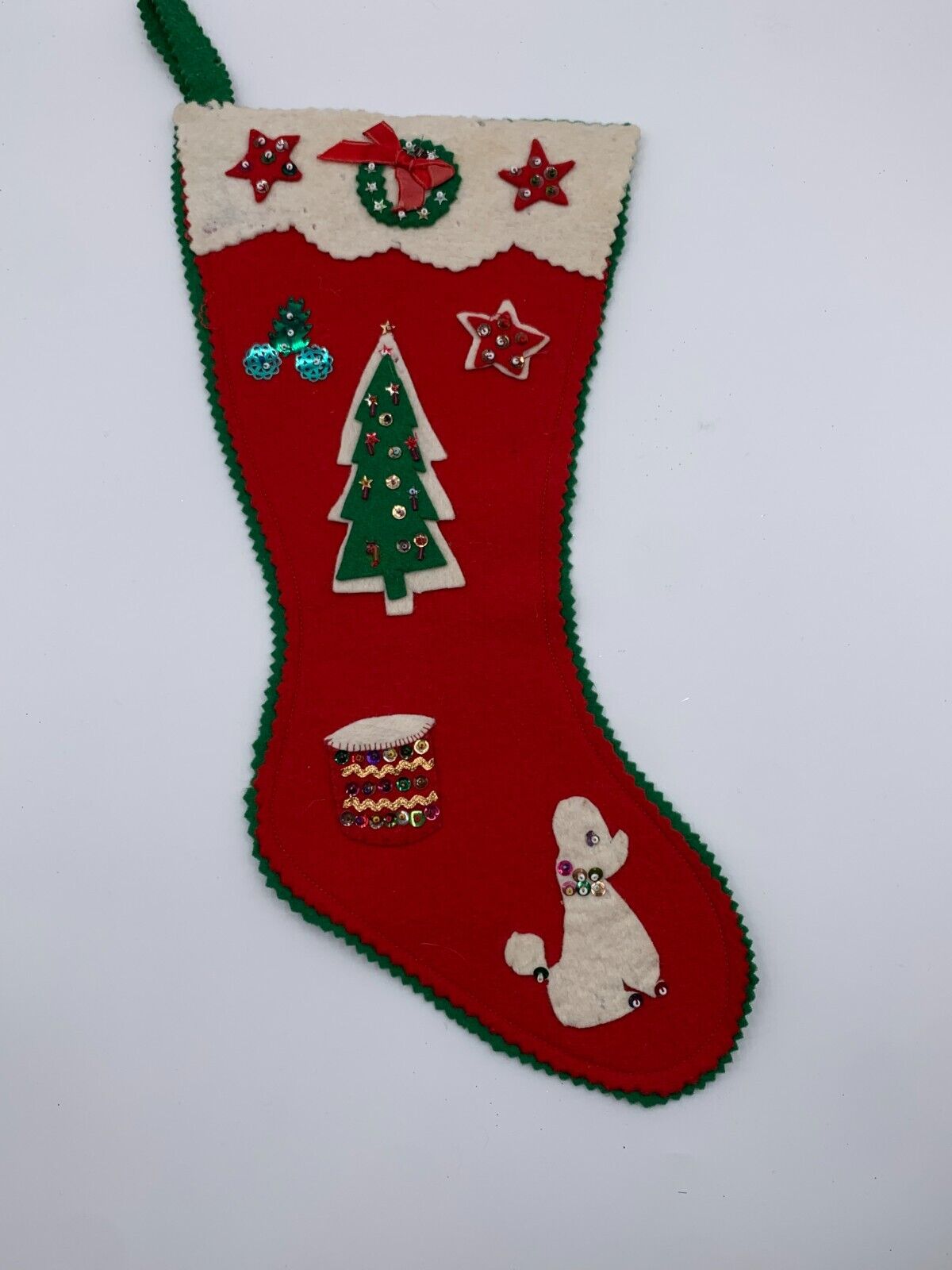 Vintage Hand Crafted Whimsical Felt Christmas Stocking with Sequin Applique MCM