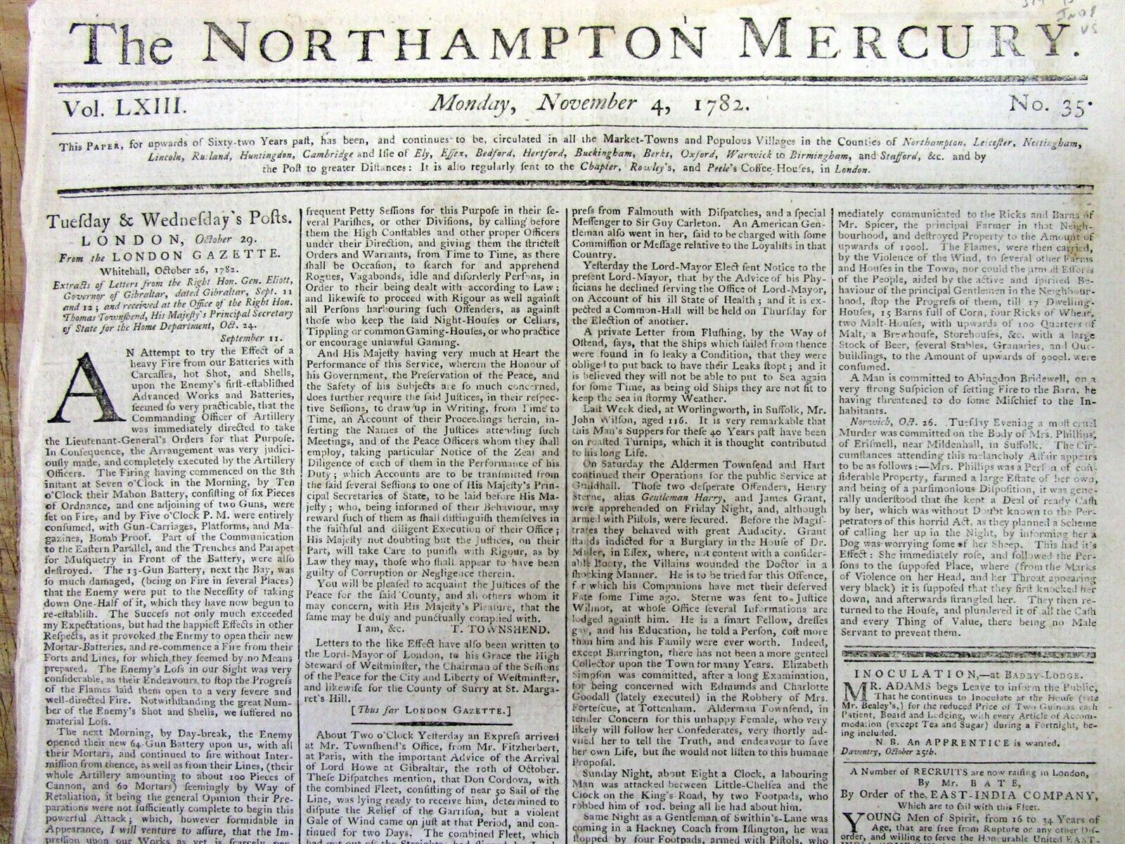 1782 newspaper EARLY REPORT of AMERICAN INDEPENDENCE after PEACE TREATY SIGNED