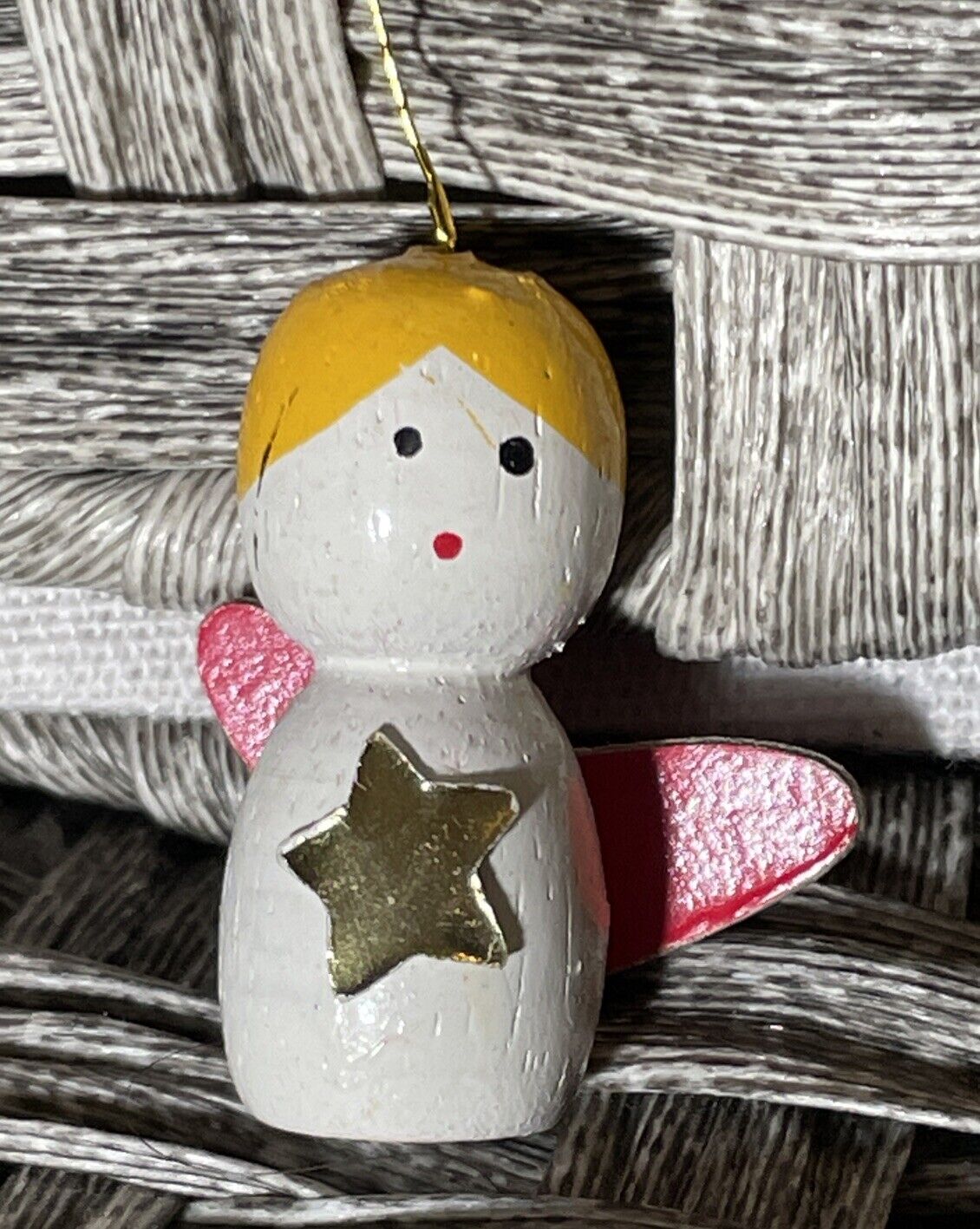 Vintage Wooden Painted Christmas Ornament Angel