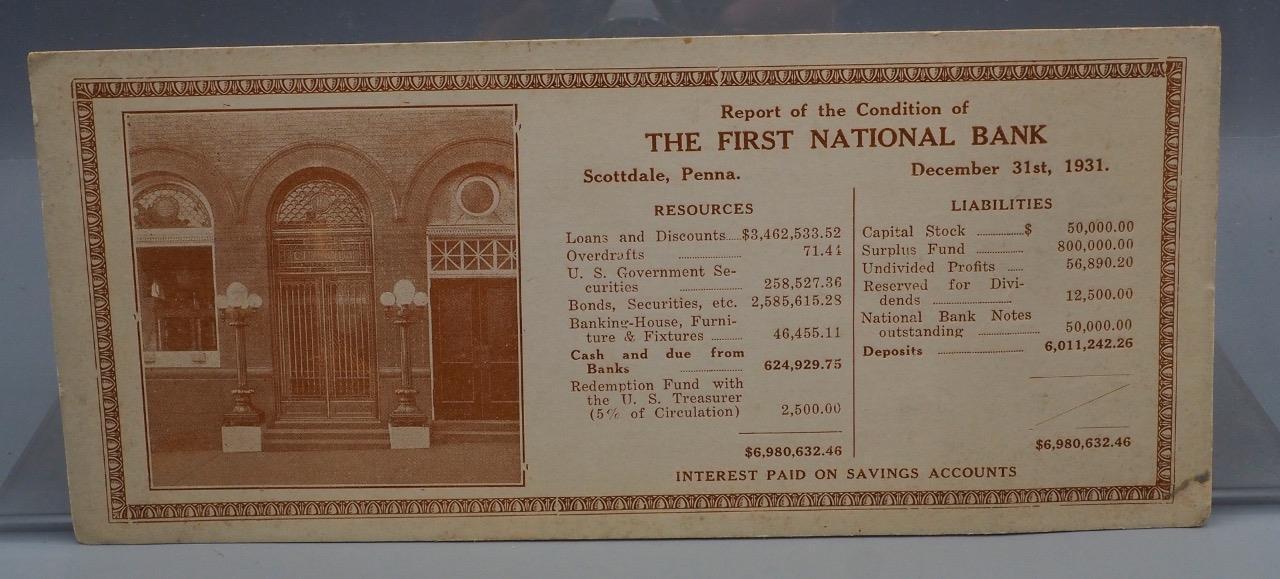 Vintage Report on Condition of First National Bank Scottdale Pennsylvania 1931
