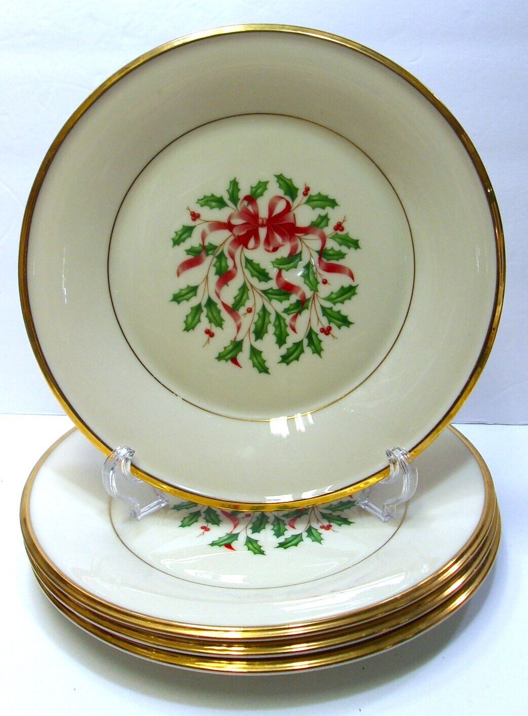 Set of 4~Lenox Oxford Bone China Holly/Berries/Red Bow Dinner Plates w/ Gold Rim