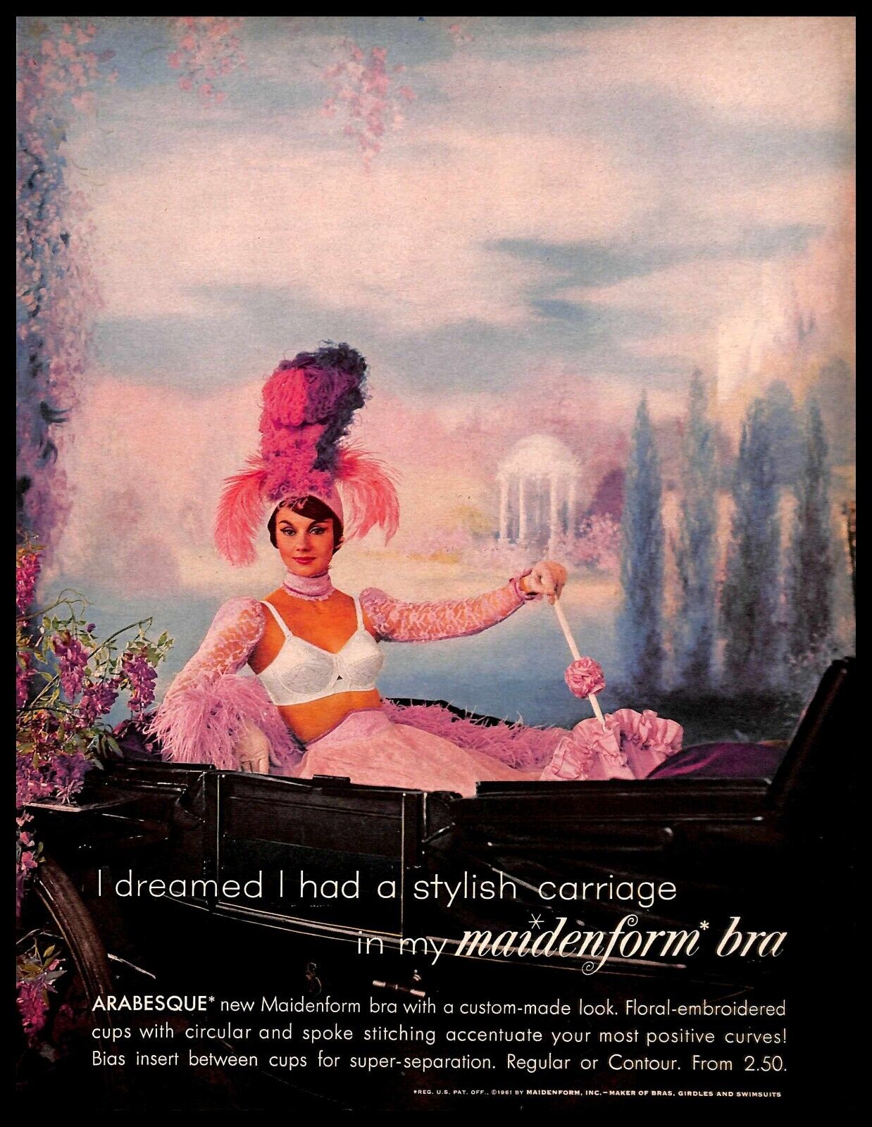1961 Maidenform Bra Vintage PRINT AD Lingerie Carriage Pink Violet