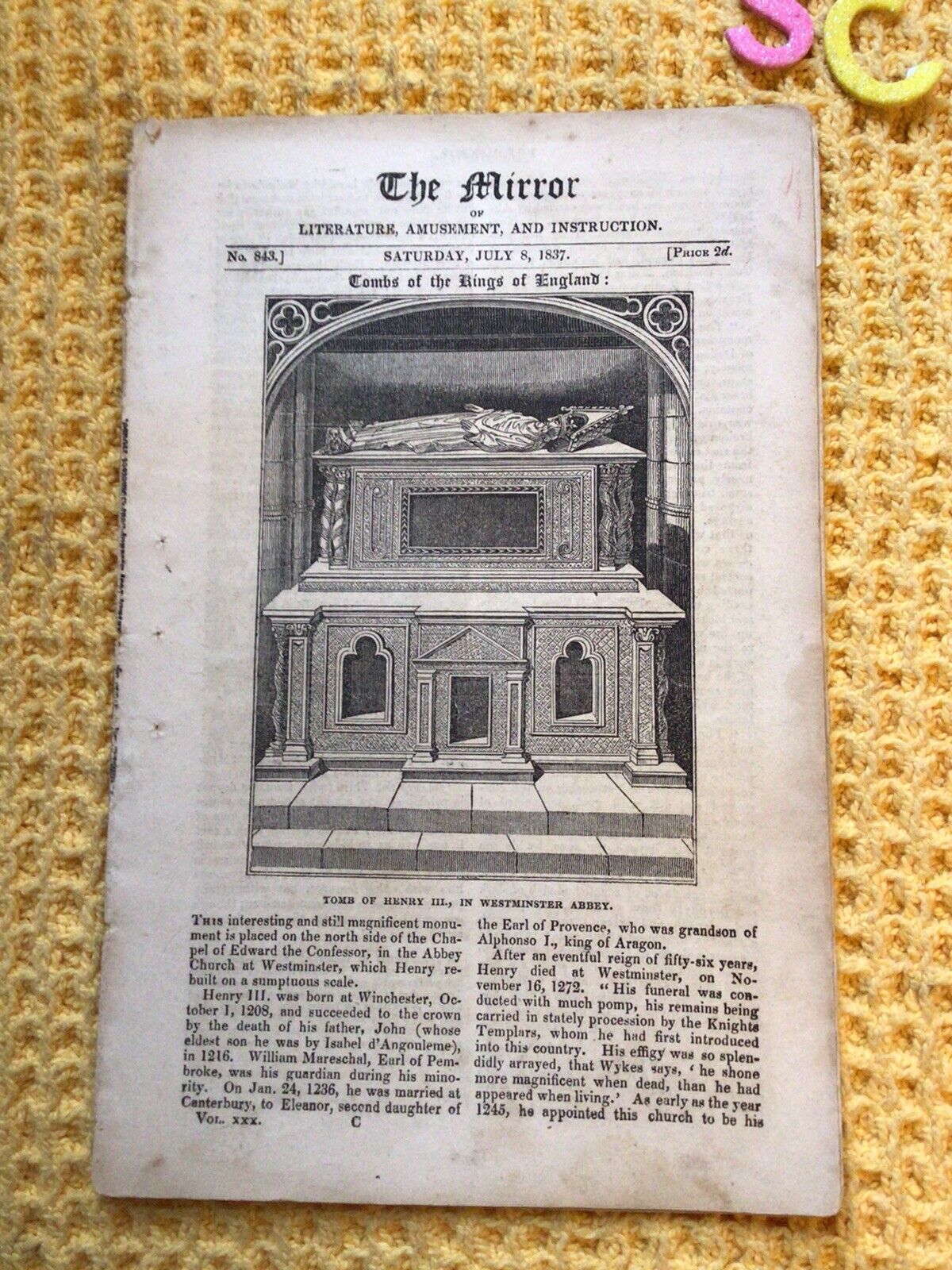 Antique RARE , THE MIRROR SUPPLEMENT, 1837 The Tombs Of Kings Of England