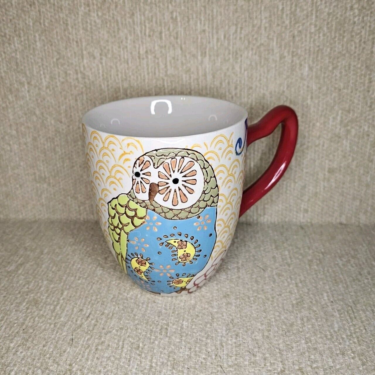 DUTCH WAX Embossed OWL Mug, Hand-Painted Coffee Tea Folk Art 