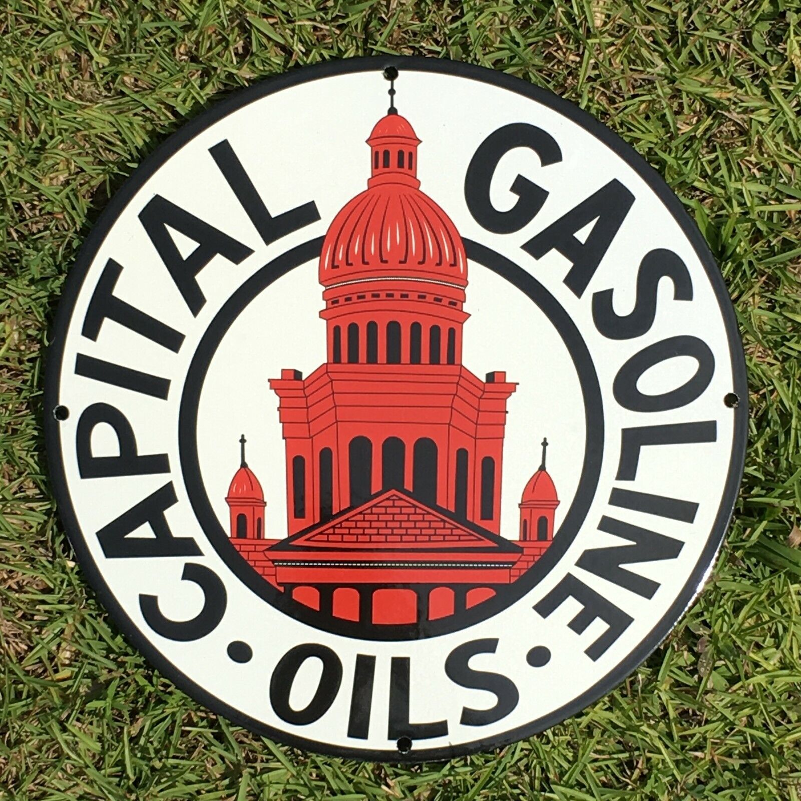 VINTAGE Capitol Gasoline Oils PORCELAIN METAL ENAMEL Gas Station Decor Sign 12in