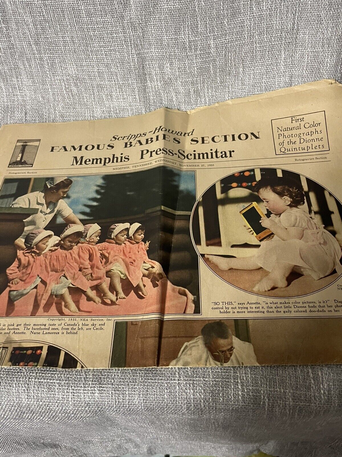 Memphis Press Newspaper Famous Babies 1st Color pictures of Dionne Quintuplets