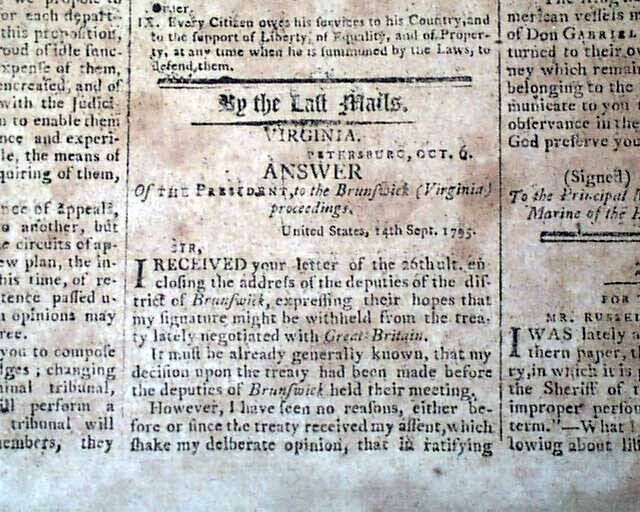 President GEORGE WASHINGTON Brunswick County Virginia JAY TREATY 1795 Newspaper