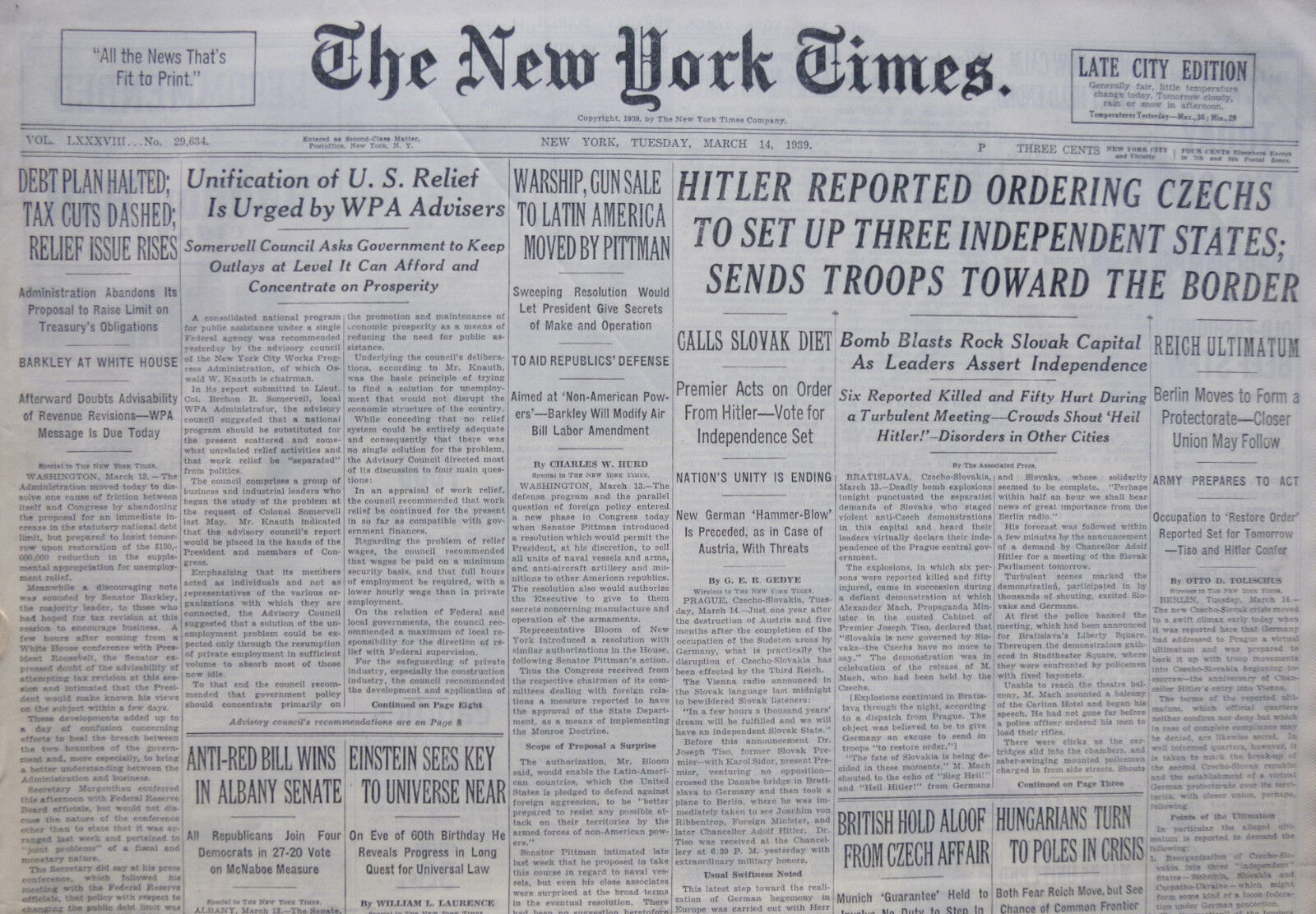 3-1939 WWII March 14 HITLER REPORTED ORDERING CZECHS TO SET UP THREE INDEPENDENT