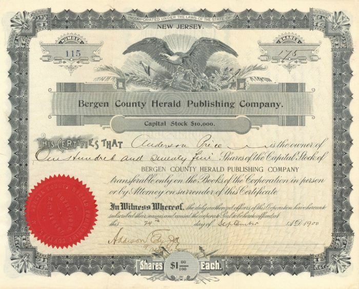 Bergen County Herald Publishing Co. - Stock Certificate - Printers & Publishers