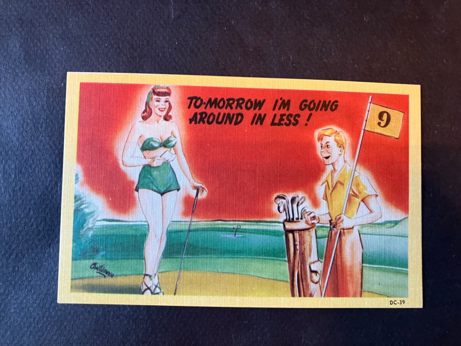 GOLF postcard pinup girl vintage Humor Sexy Linen caddy unposted unused OOP rare