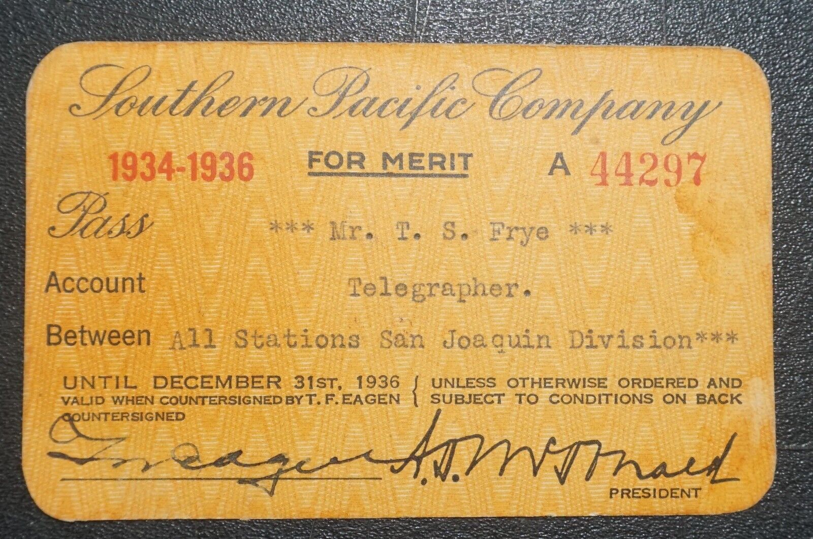 1934-1936 Southern Pacific Company RAILROAD RR TWO YEAR RAILWAY PASS (for Merit)