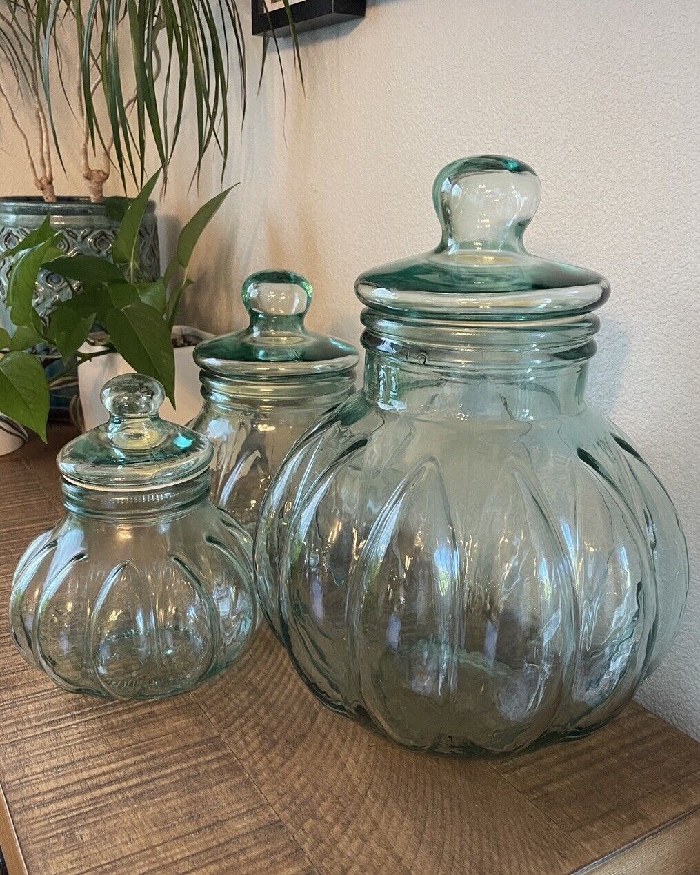 RARE SET of 3 SVE ITALY Glass Jars  w/ Original Lids Pumpkin Vintage Apothecary