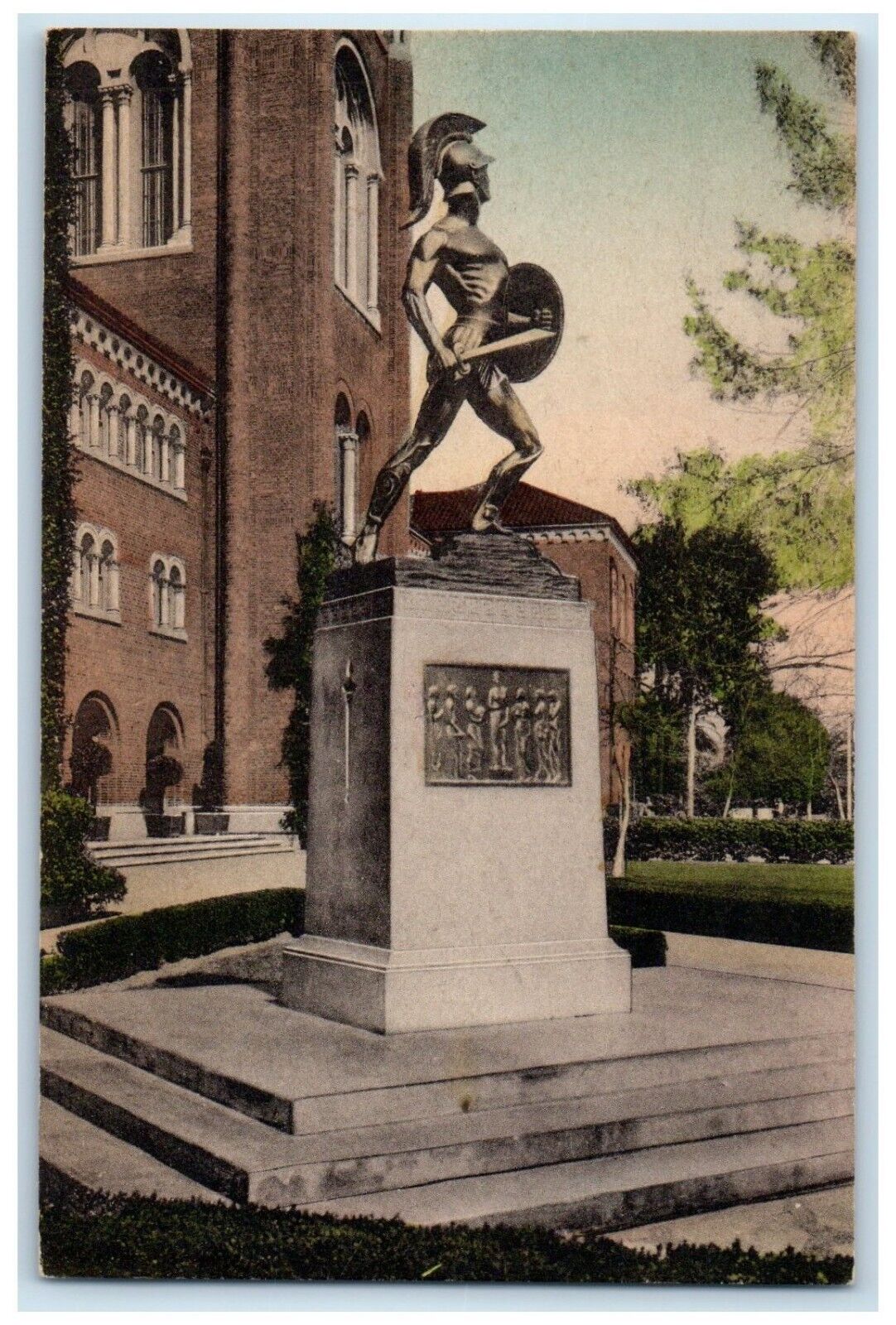 c1940 Trojan Shrine University Southern Statue Los Angeles California Postcard