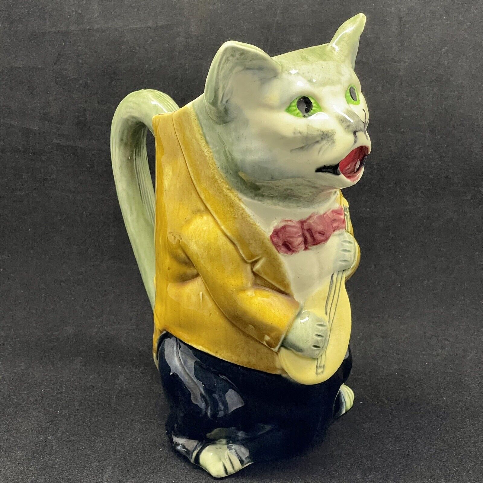 Tabby Cat French Majolica Large Pitcher Pottery Playing Mandolin Anthropomorphic
