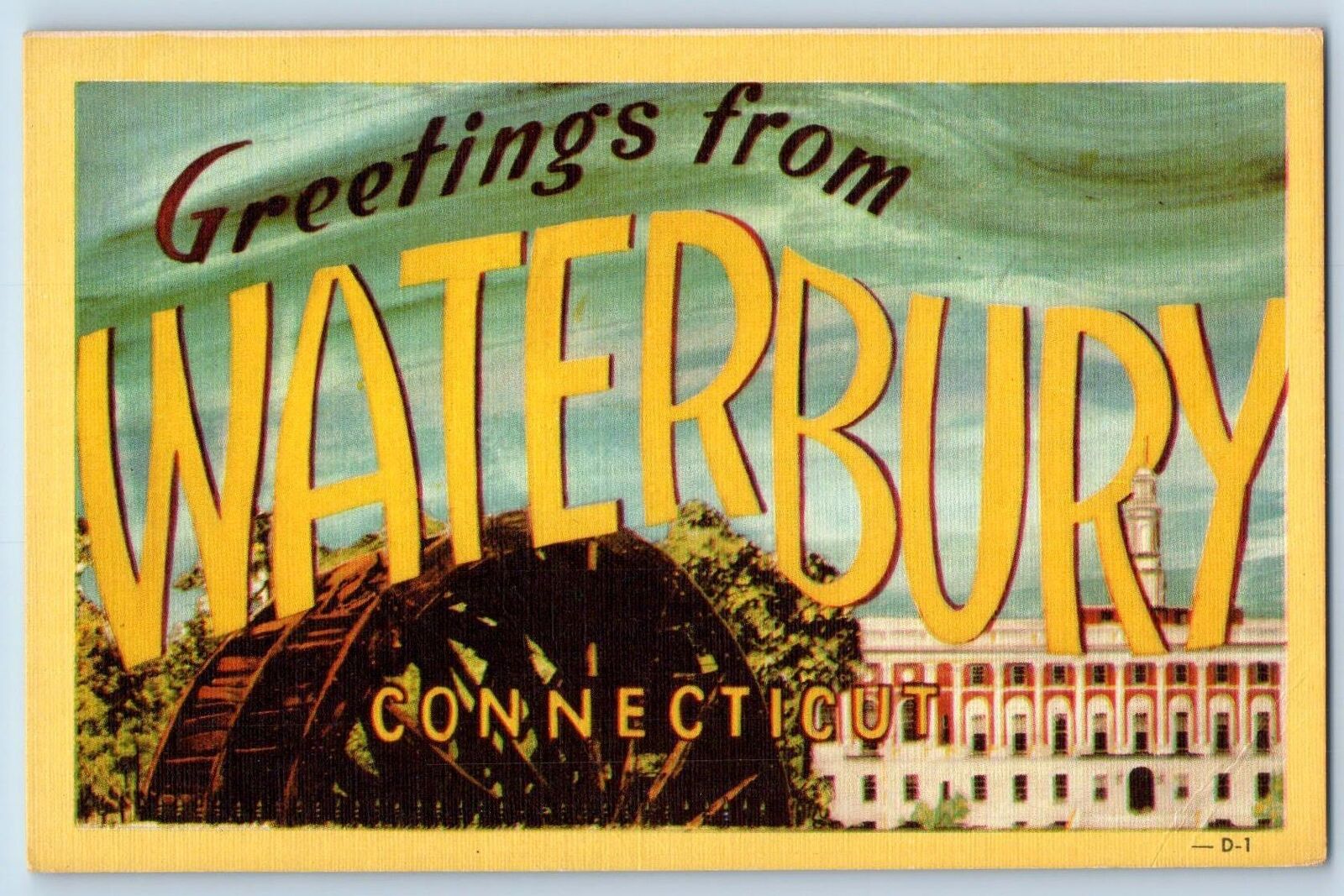 c1940 Greetings From Waterbury Large Latter Connecticut Correspondence Postcard