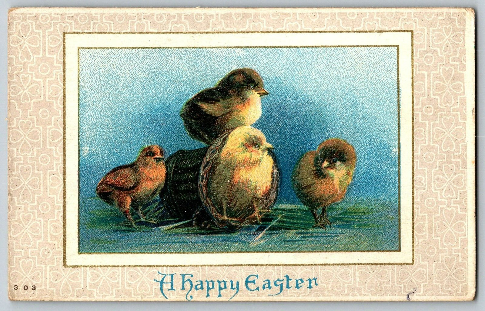 A Happy Easter - Chicks in the Basket - Vintage Postcard, Posted 1912