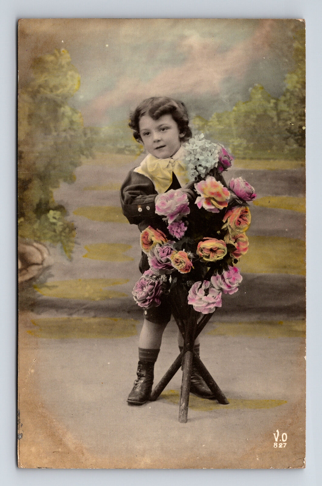 RPPC Studio Portrait French Boy Flowers Roses Hand Colored Real Photo Postcard